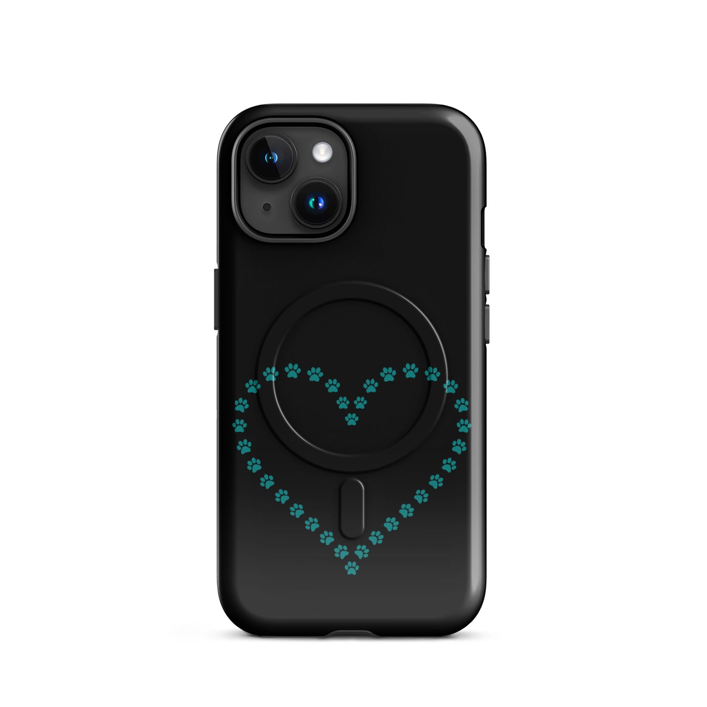 Magnetic Phone Case for iPhone with paw print heart design in black and teal, perfect for pet lovers.