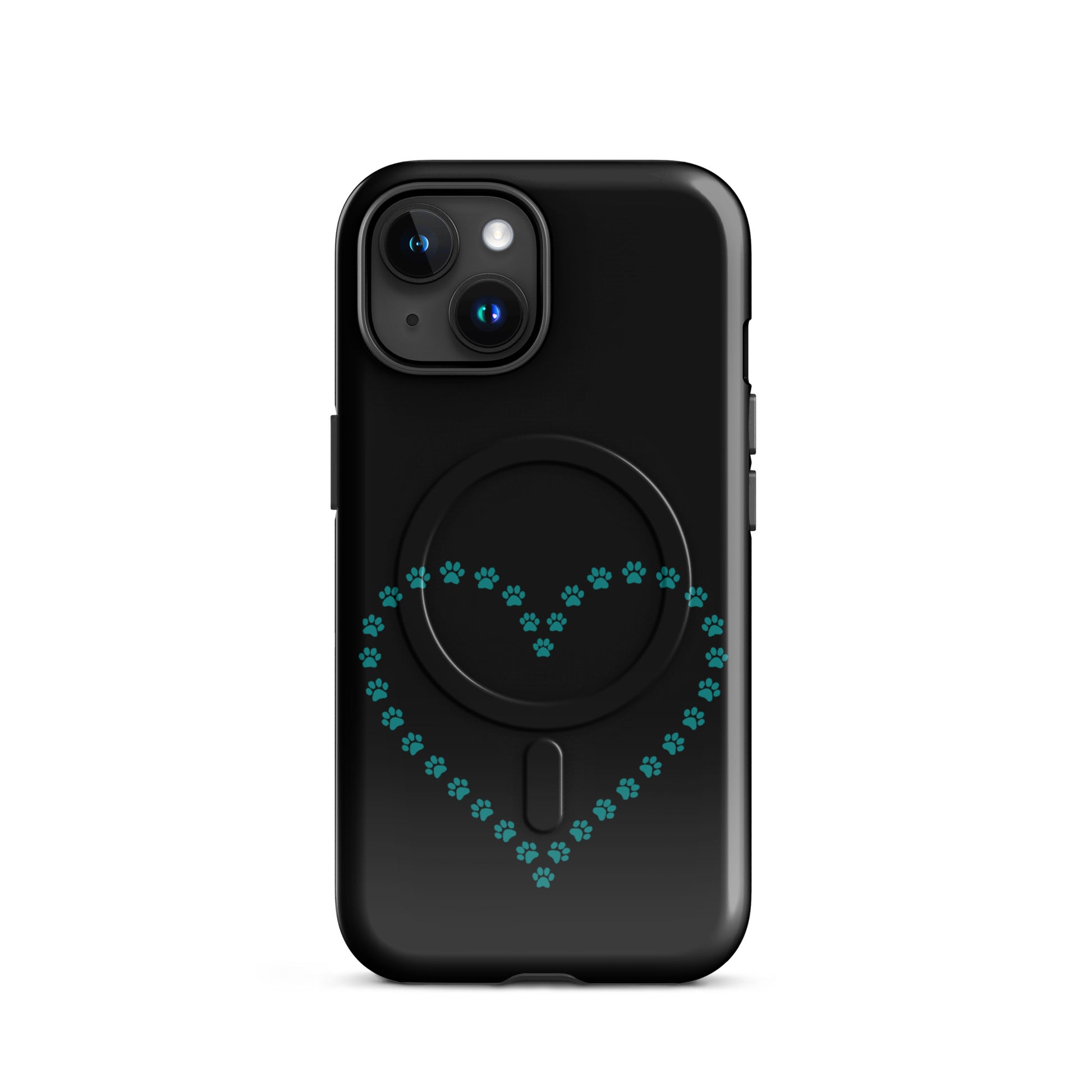 Magnetic Phone Case for iPhone with paw print heart design in black and teal, perfect for pet lovers.