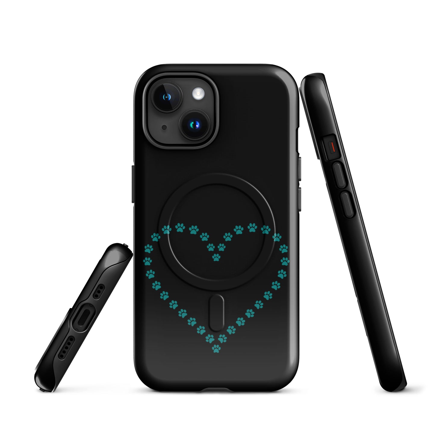 Magnetic Phone Case with teal paw print heart design on black for iPhone, perfect for pet lovers.
