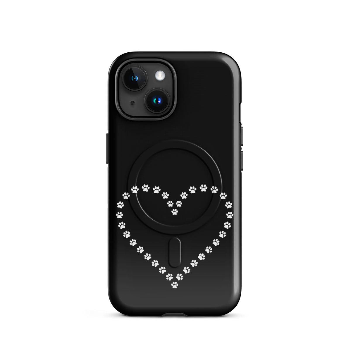 Magnetic Phone Case for iPhone with black and white paw print heart design, perfect for pet lovers who want style and protection.