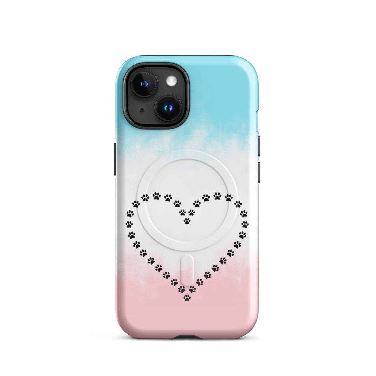Magnetic Phone Case for iPhone with paw print heart design in blue, white, pink. Ideal for pet lovers seeking device protection.