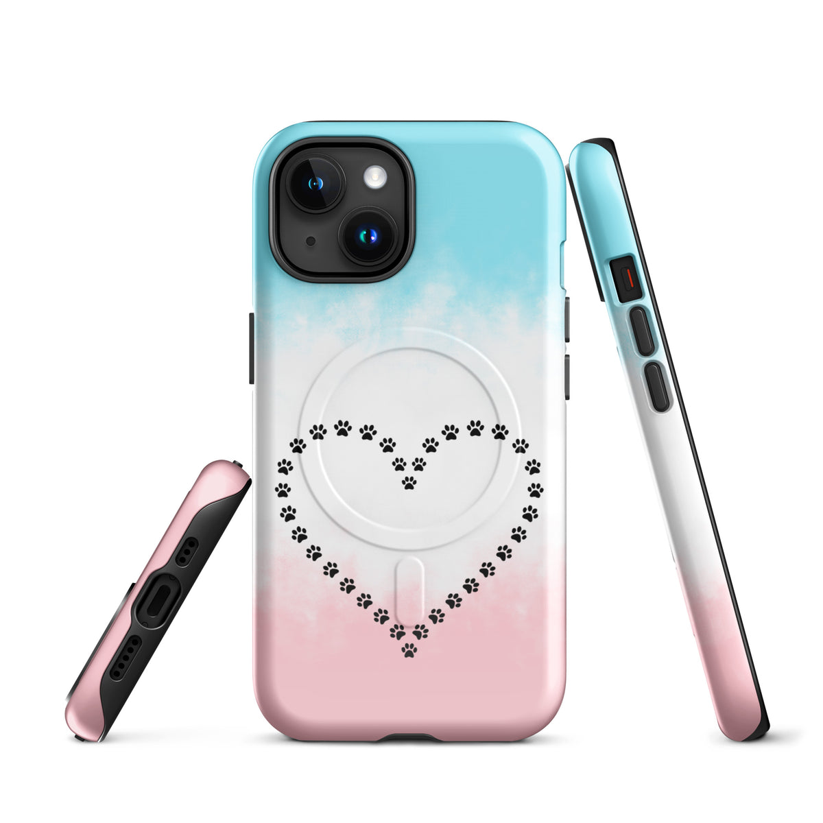 Magnetic Phone Case for iPhone with paw print heart design in blue, white, pink colors for pet lovers