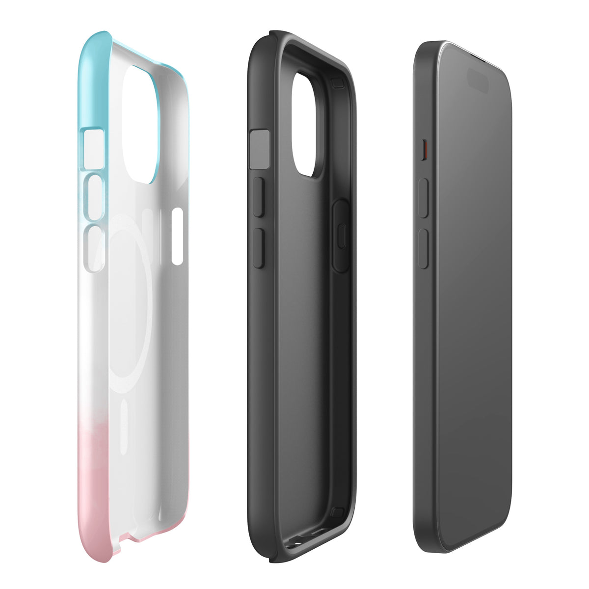 Magnetic Phone Case for iPhone with paw print heart design, blue/white/pink colors, shown from different angles.