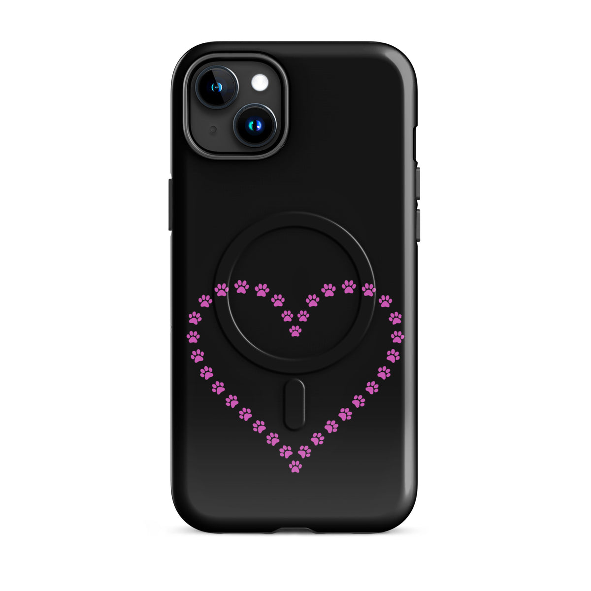Magnetic Phone Case for iPhone with pink paw print heart design, ideal for pet lovers, in black. Offers stylish protection and animal charm.