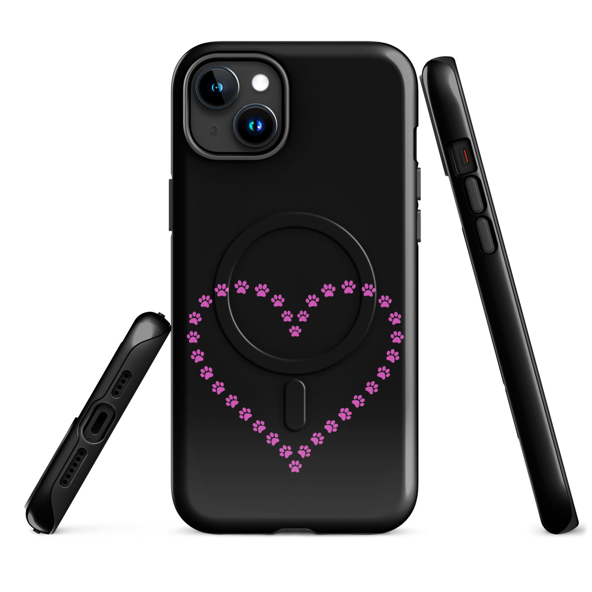 Magnetic Phone Case for iPhone with pink paw print heart design, perfect for pet lovers. Black case offering style and protection.