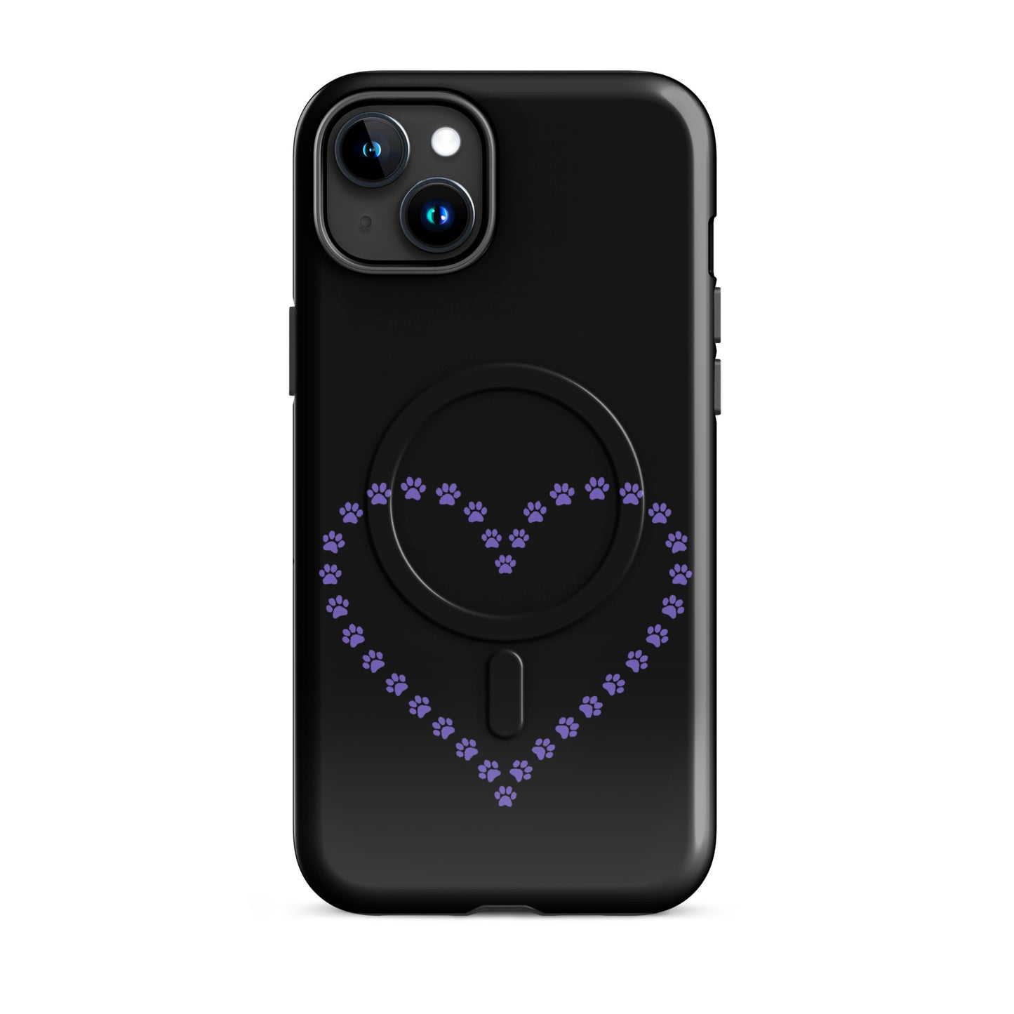 Magnetic Phone Case with purple paw print heart design on black for pet lovers, fits iPhone. Blend of playful style and protection.