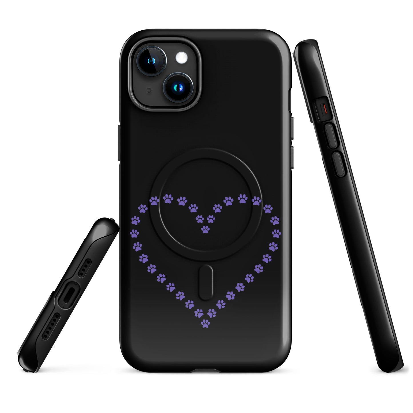 Magnetic Phone Case with purple paw print heart design for pet lovers, suitable for iPhone, in black/purple color.