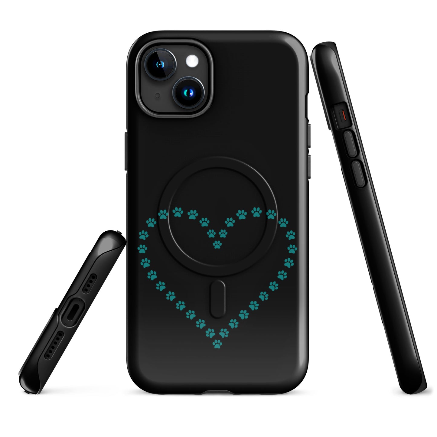 Magnetic Phone Case for iPhone with black and teal paw print heart design for pet lovers