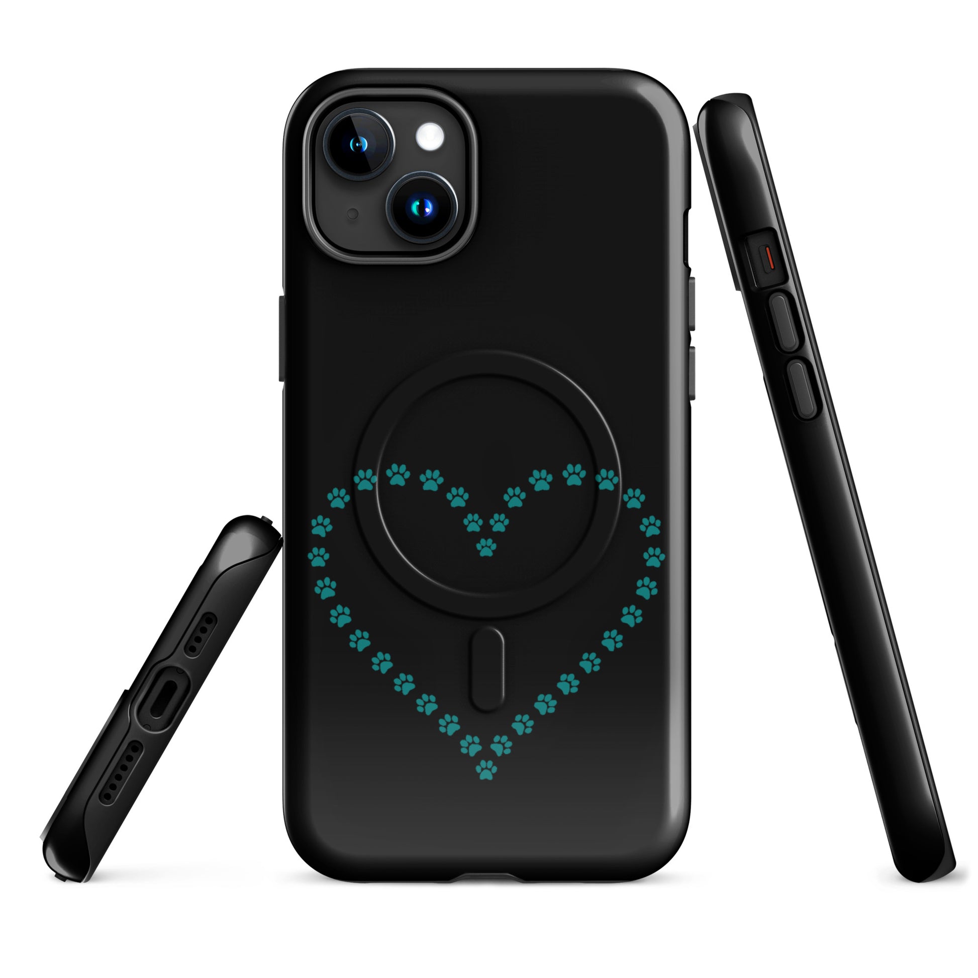 Magnetic Phone Case for iPhone with black and teal paw print heart design for pet lovers