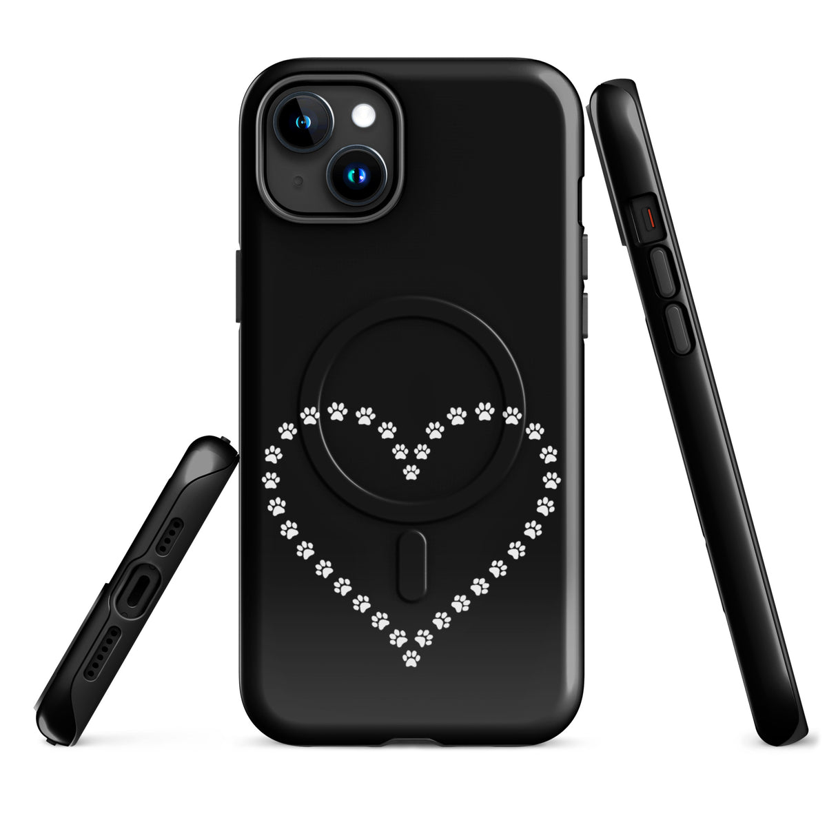 Magnetic Phone Case with heart-shaped paw print design for iPhone, black and white, ideal for pet lovers seeking protection and style.