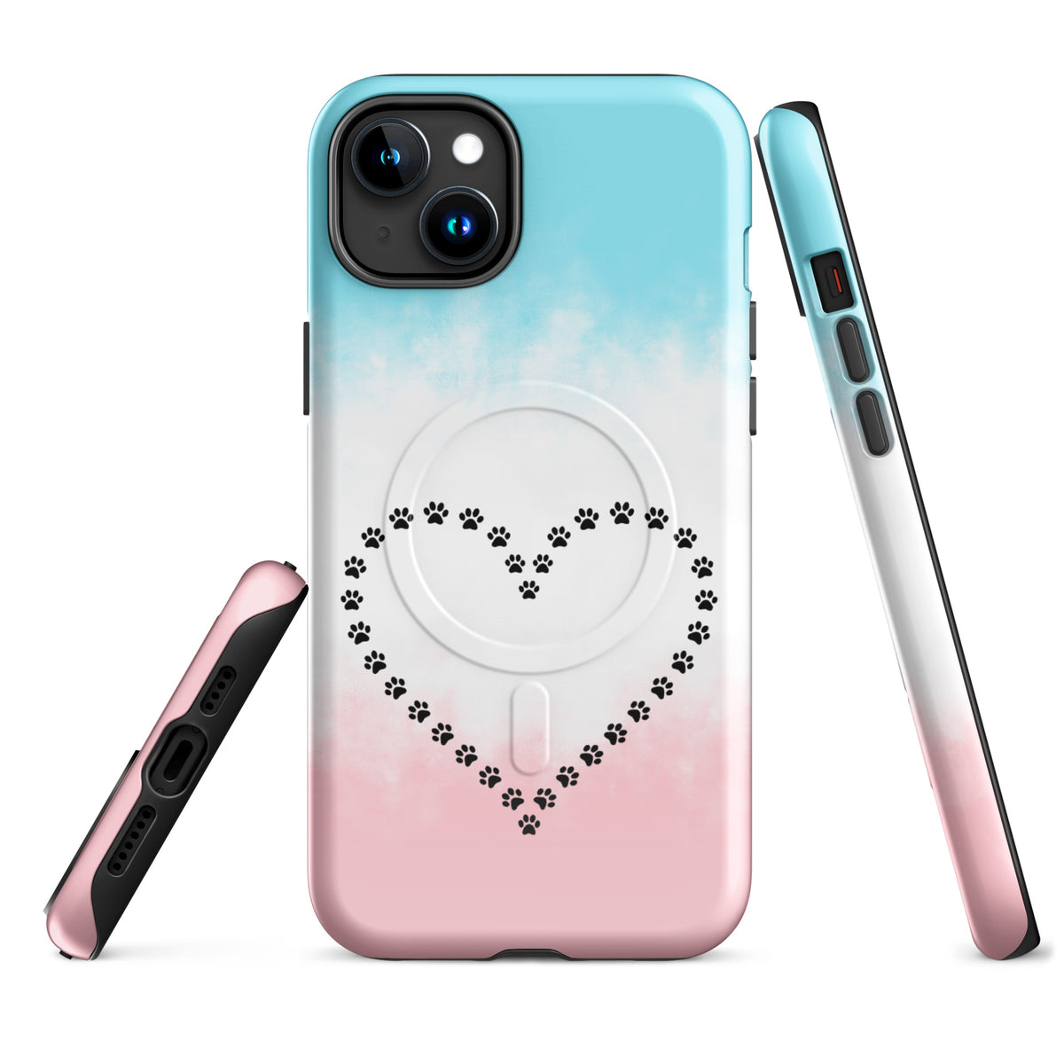 Magnetic Phone Case with paw print heart design in blue, white, and pink for pet lovers.