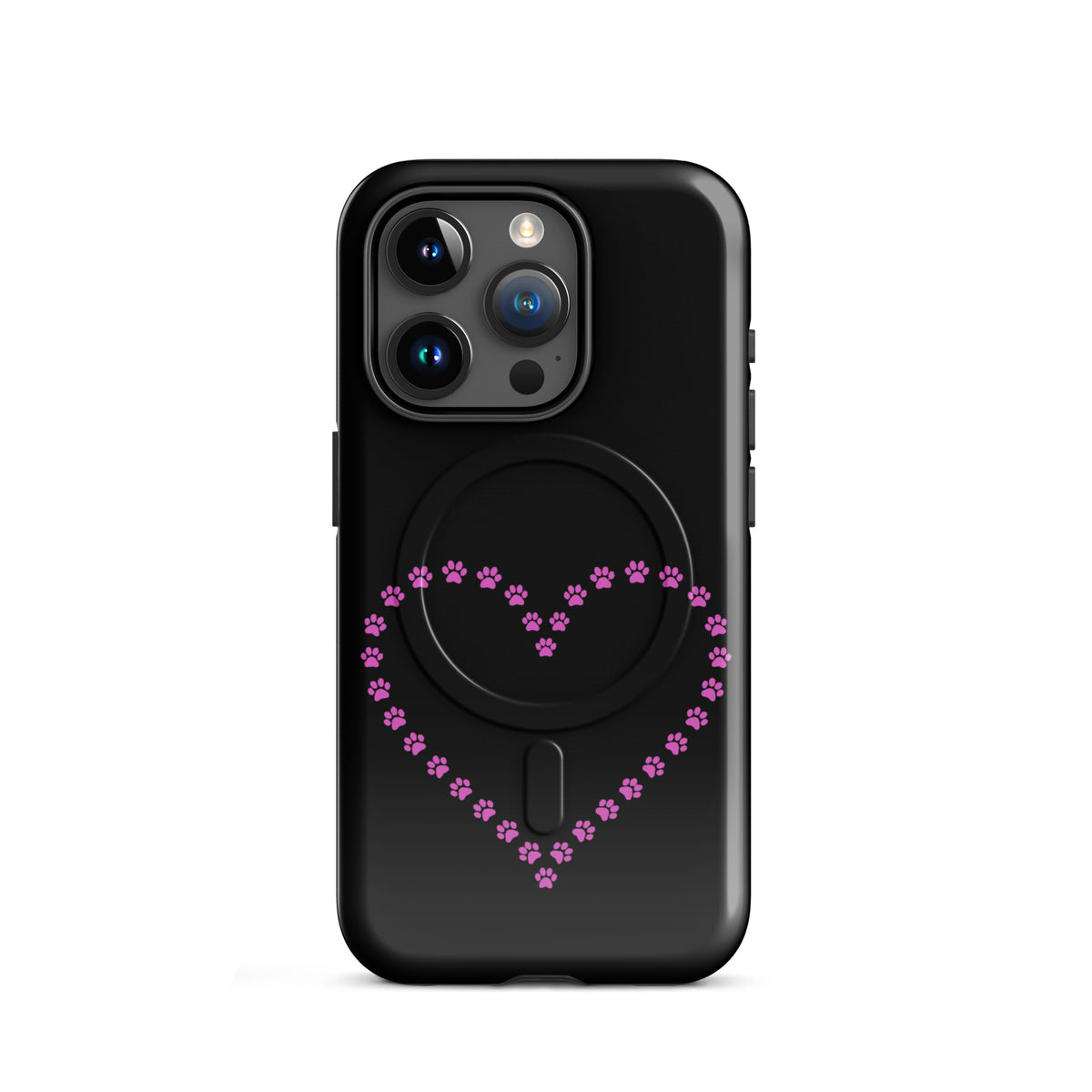 Magnetic Phone Case for iPhone with pink paw print heart design, perfect for pet lovers, in black and pink color.