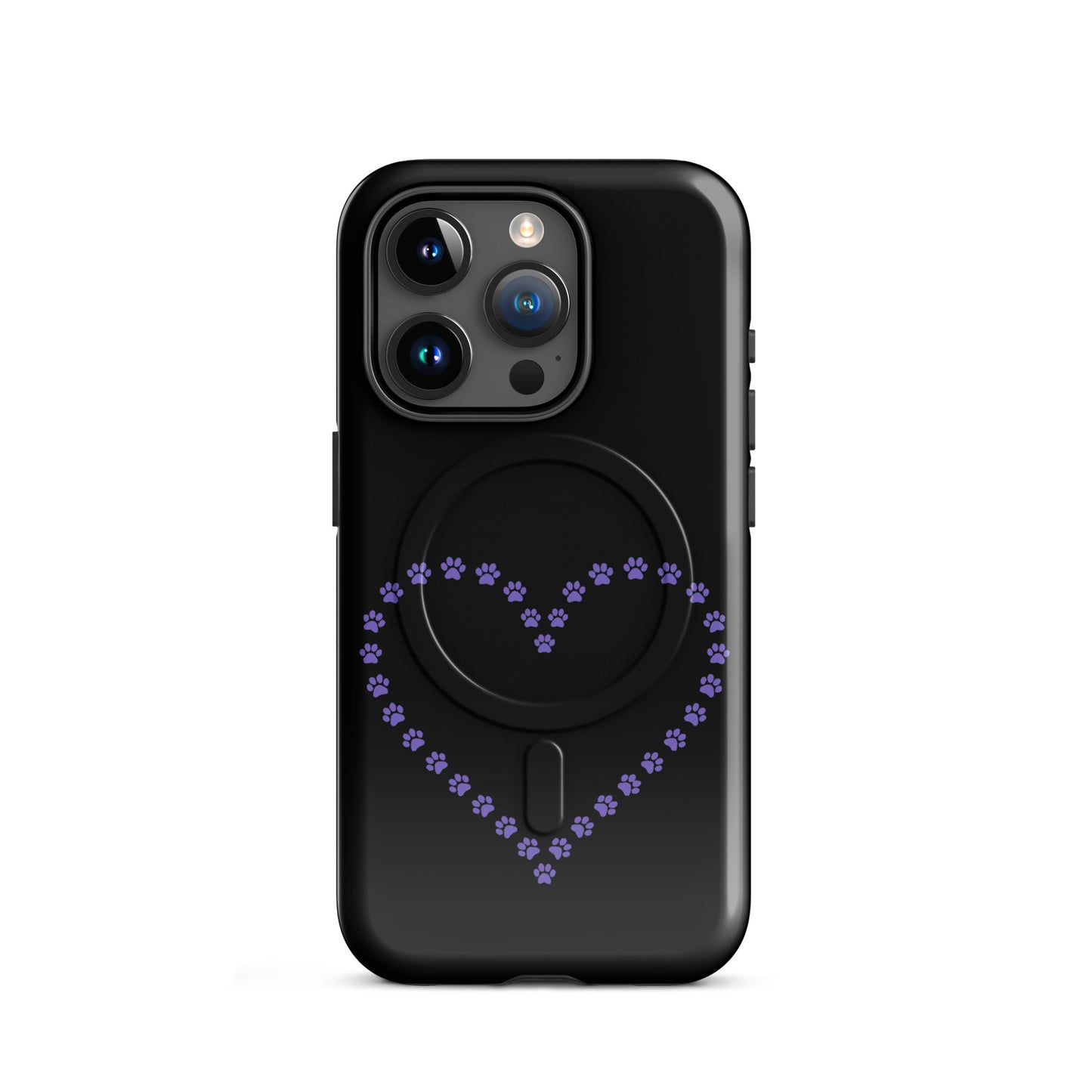 Magnetic Phone Case for iPhone with black backdrop featuring a purple paw print heart design, perfect for pet lovers.