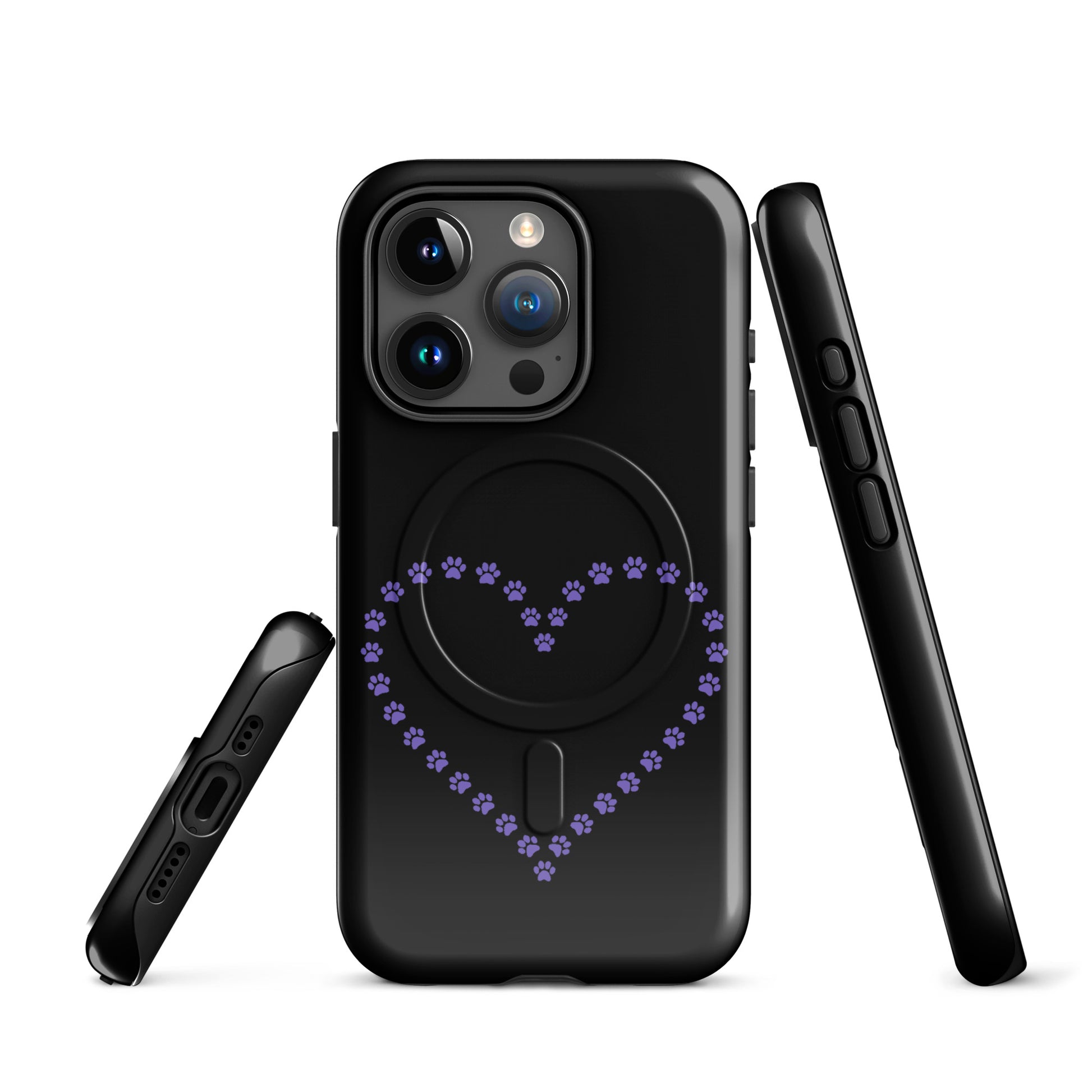 Magnetic Phone Case for iPhone with paw print heart design in black and purple, perfect for pet lovers.