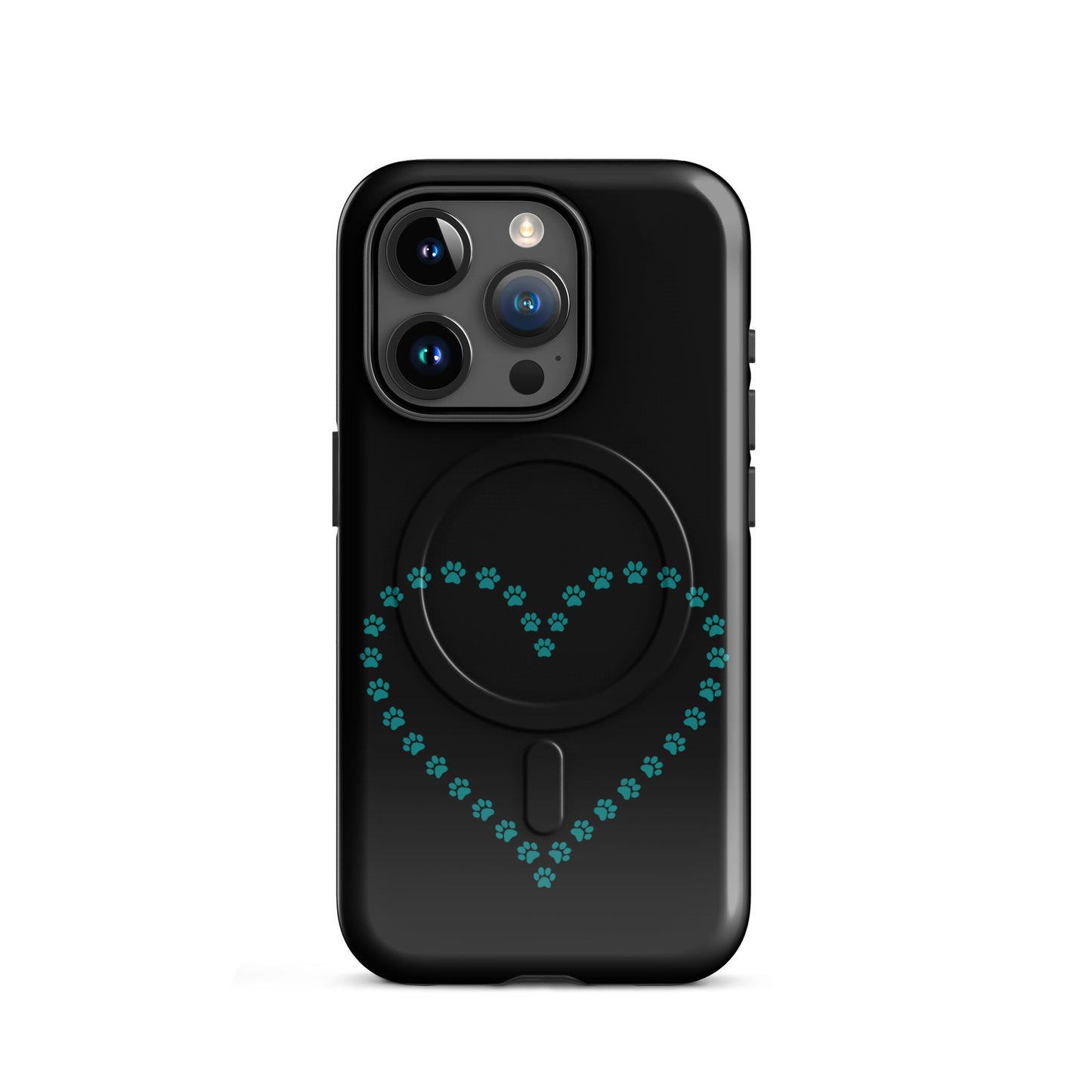 Magnetic Phone Case for iPhone with black and teal paw print heart design, perfect for pet lovers seeking stylish protection.