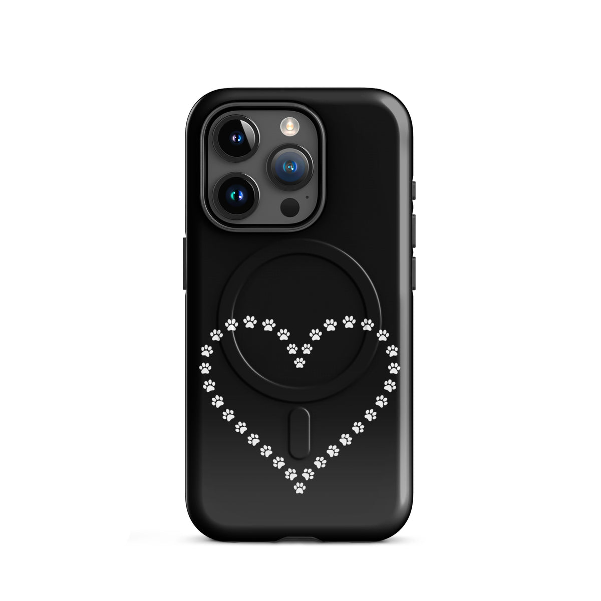 Black Magnetic Phone Case for iPhone with paw print heart design for pet lovers