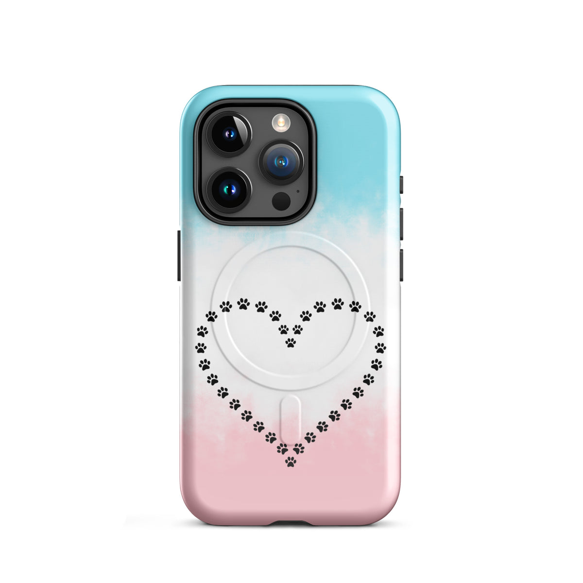 Magnetic Phone Case with paw print heart design in blue, white, pink for iPhone, perfect for pet lovers and animal design enthusiasts.