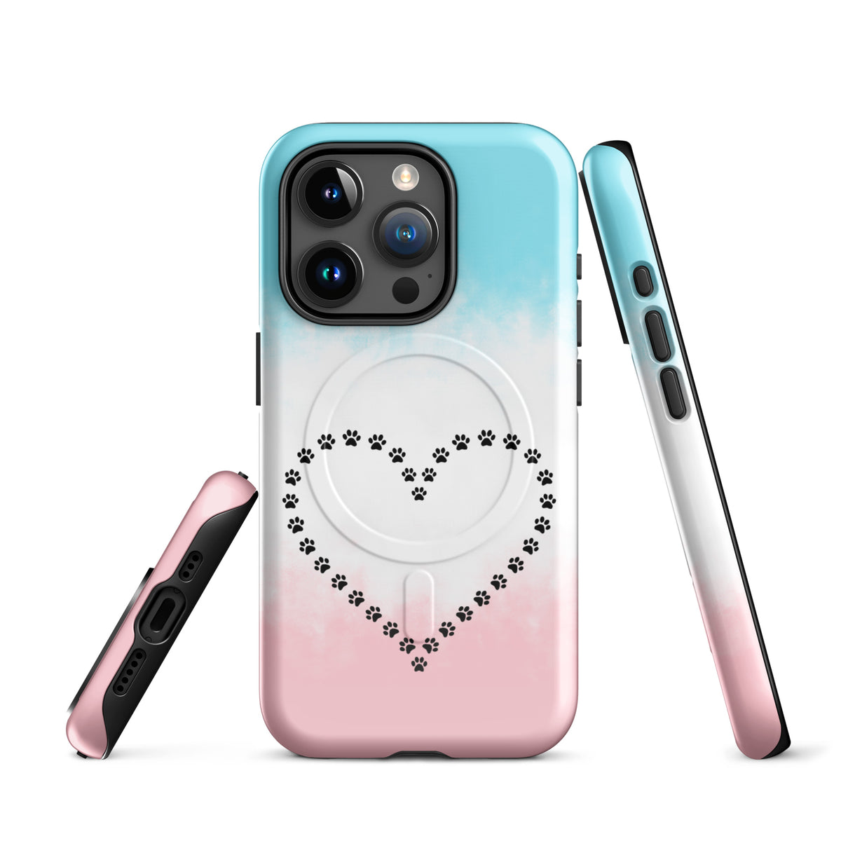 Magnetic Phone Case for iPhone with paw print heart design in blue, white, pink; ideal for pet lovers seeking playful charm and protection.