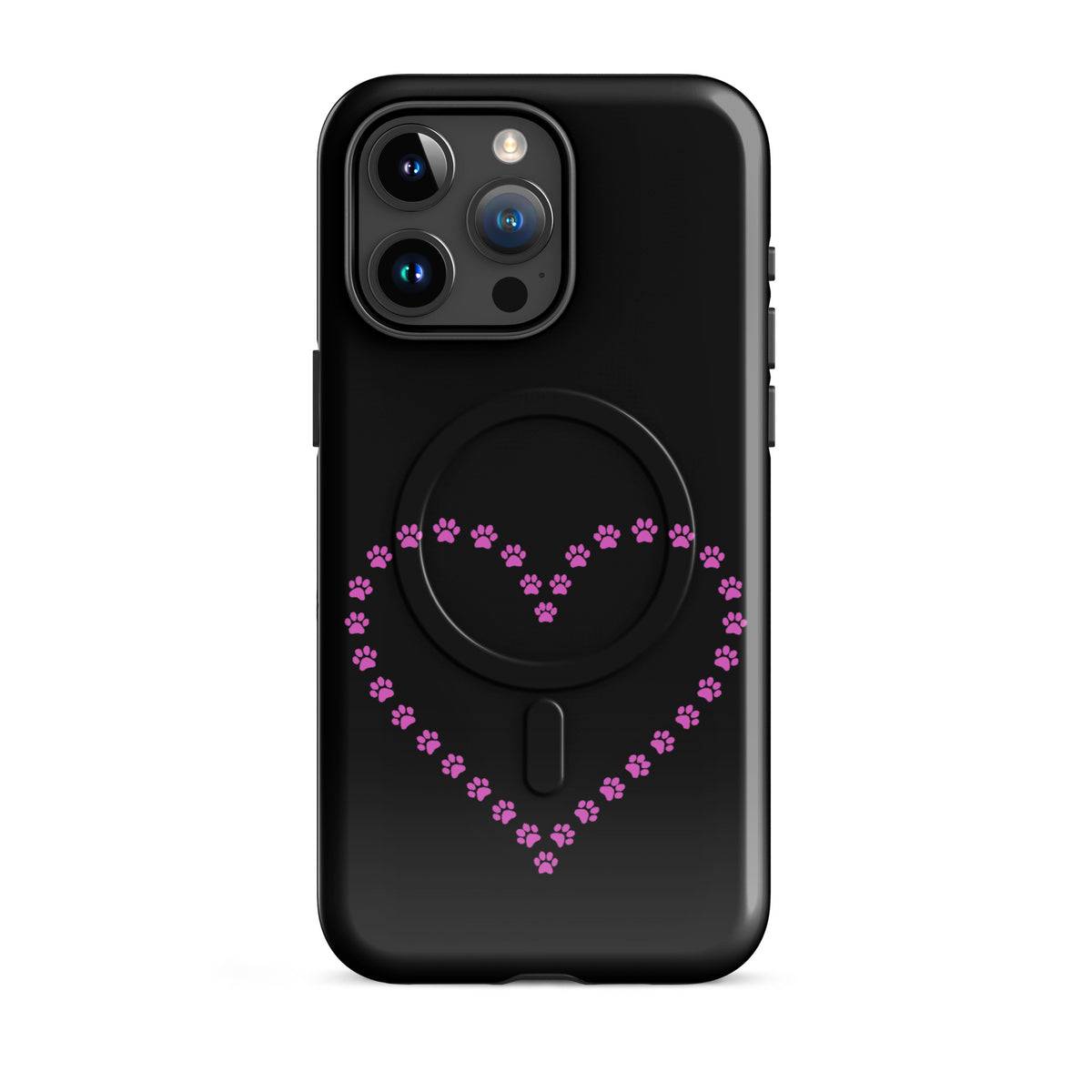 Black Magnetic Phone Case for iPhone with pink paw print heart design for pet lovers