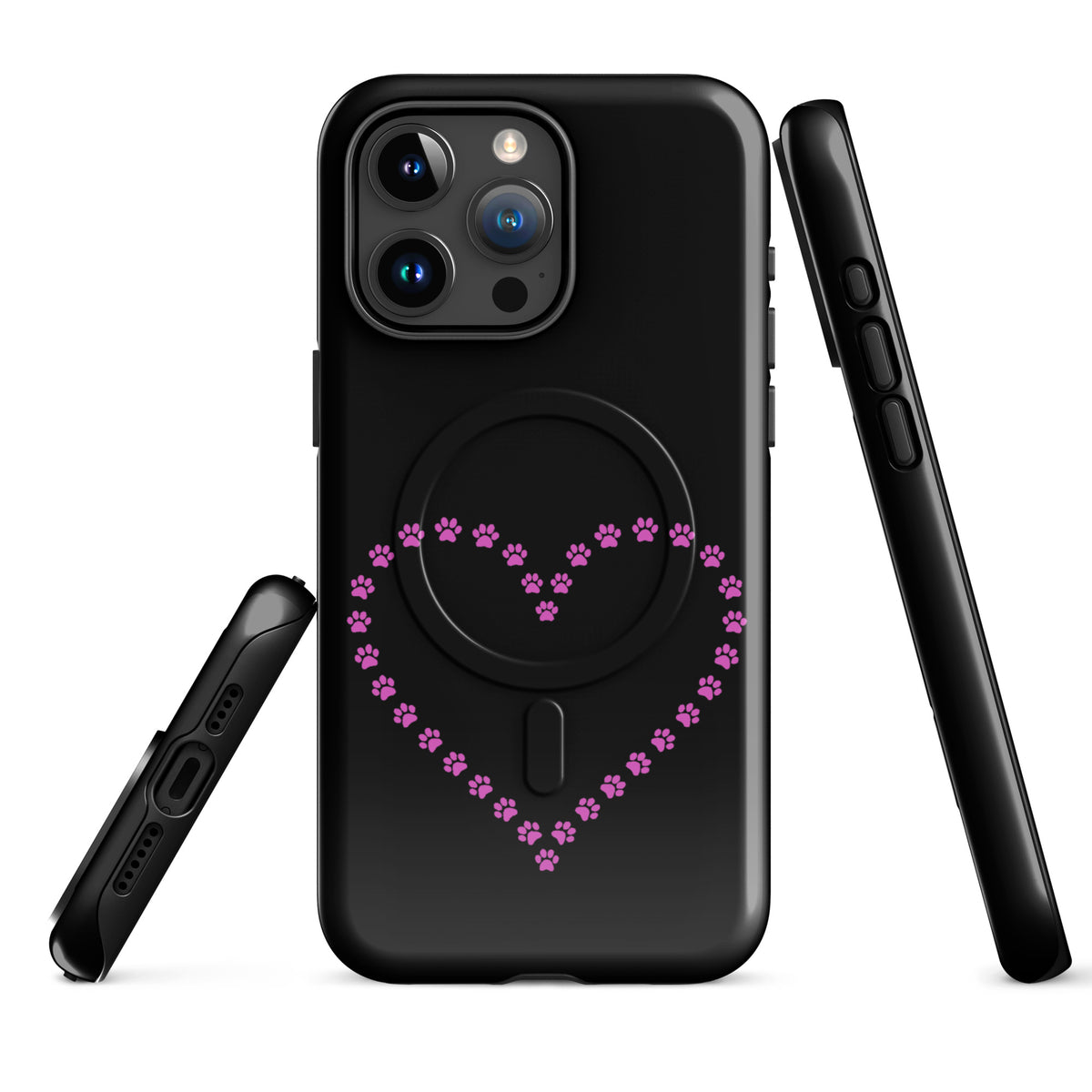 Magnetic Phone Case for iPhone in black with pink paw print heart design, ideal for pet lovers seeking style and protection.