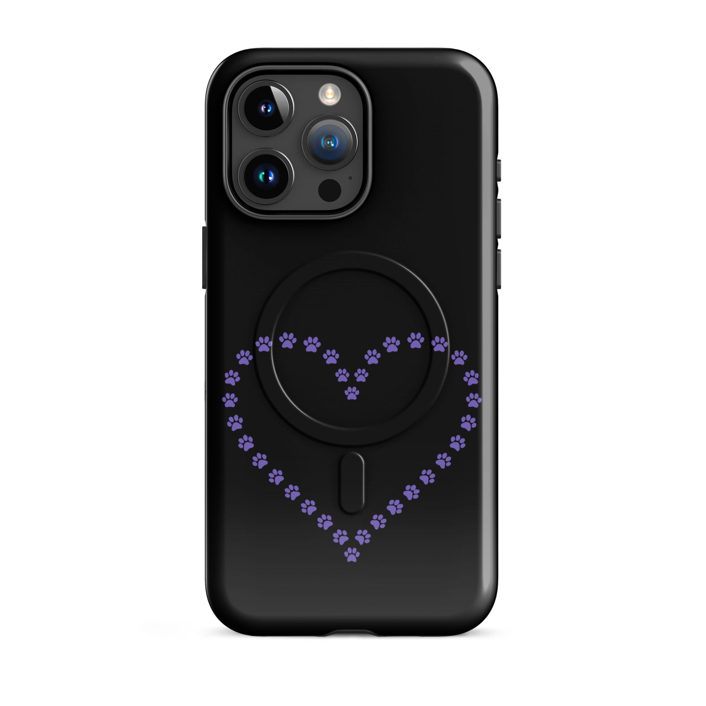 Magnetic Phone Case with paw print heart design in black and purple, ideal for pet lovers seeking style and protection.