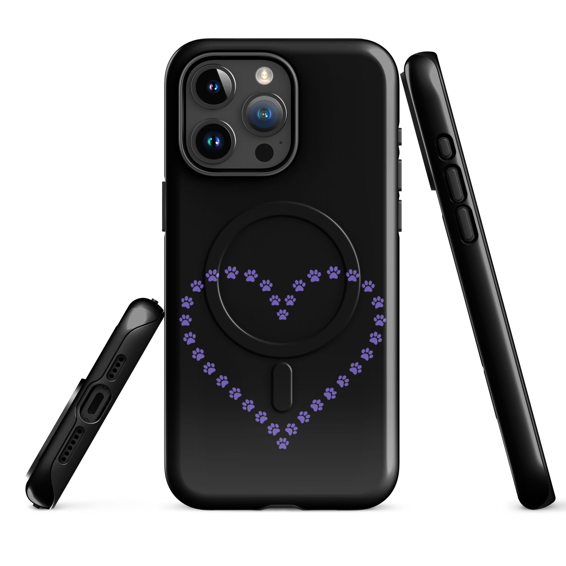 Magnetic Phone Case with purple paw print heart design for iPhone, perfect for pet lovers seeking stylish and protective cases.