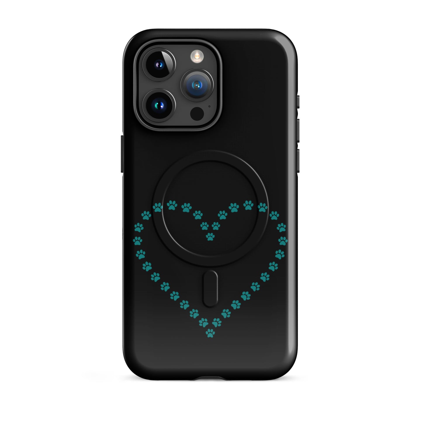 Magnetic Phone Case with teal paw print heart design for iPhone, perfect for pet lovers, black case offering protection and style.