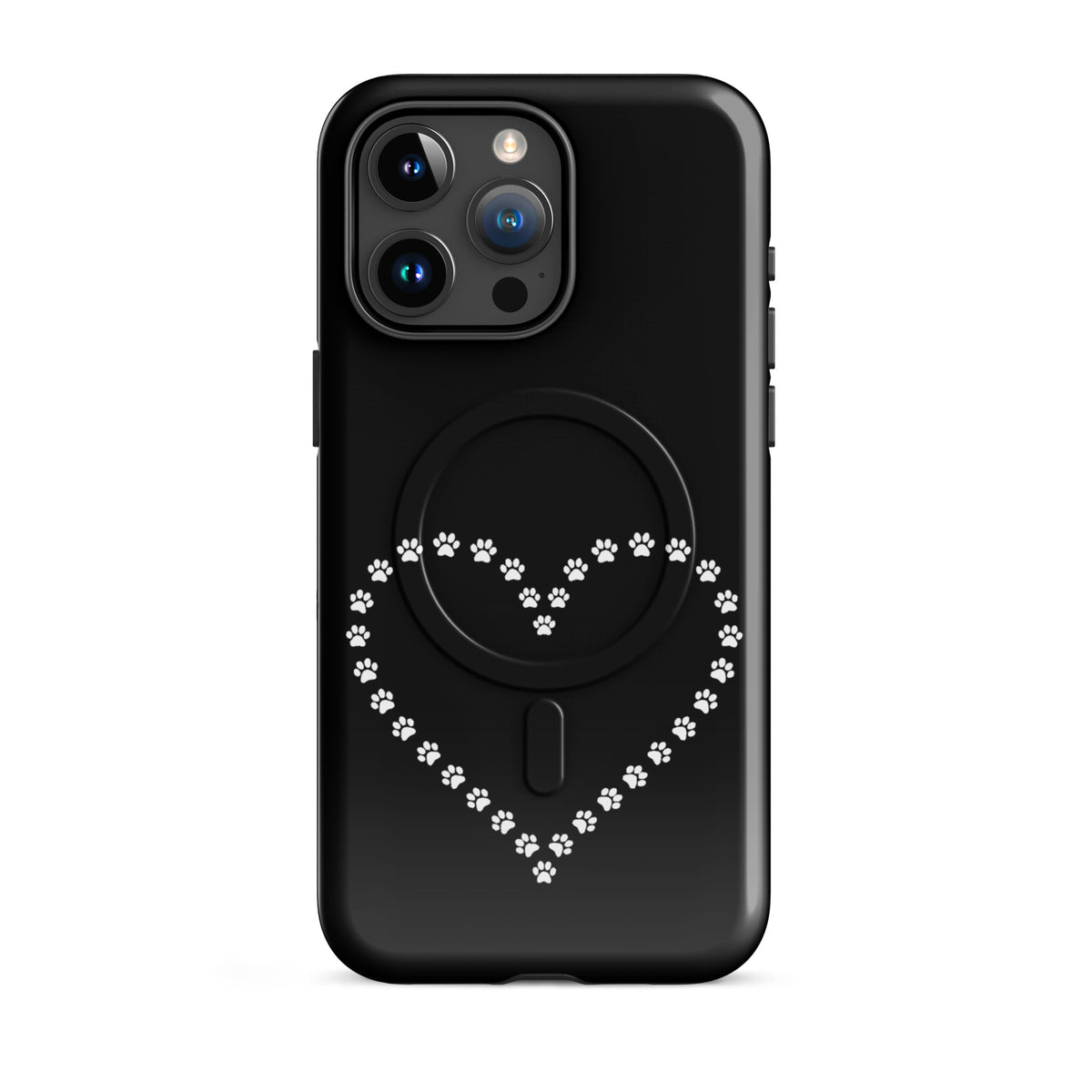 Magnetic Phone Case for iPhone with paw print heart design in black and white, ideal for pet lovers seeking playful charm and protection.
