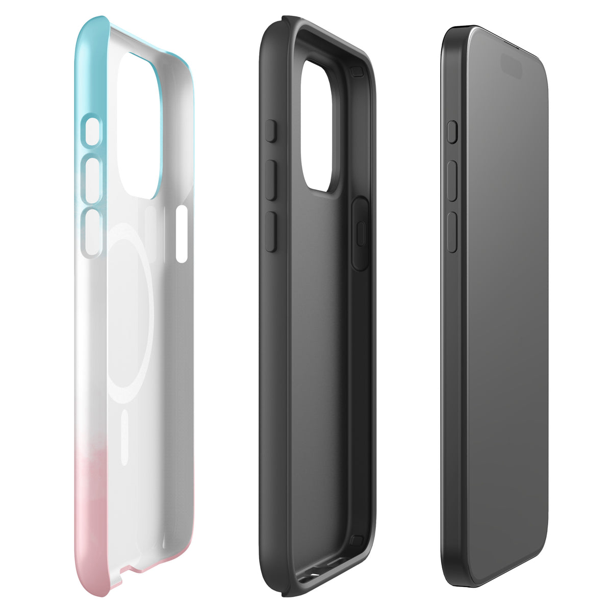 Magnetic Phone Case with paw print heart design in blue, white, and pink for pet lovers, shown from multiple angles.