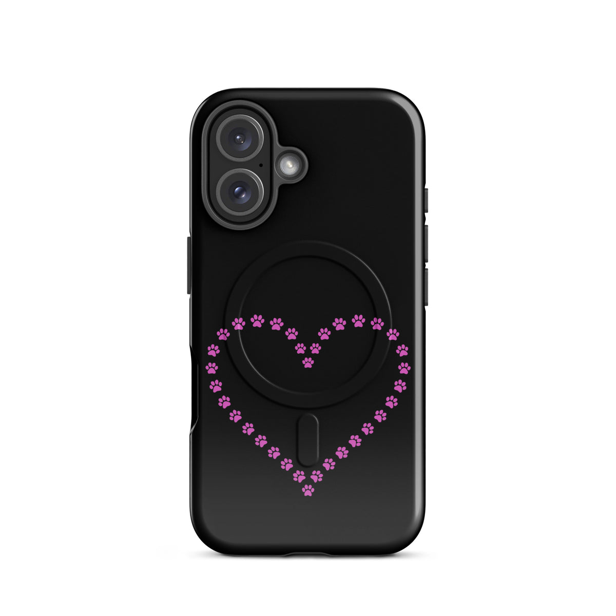 Magnetic Phone Case with black and pink paw print heart design for pet lovers, compatible with iPhone, protective whimsical style.