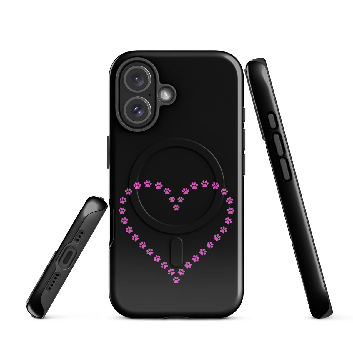 Black and pink Magnetic Phone Case for iPhone with a paw print heart design for pet lovers.