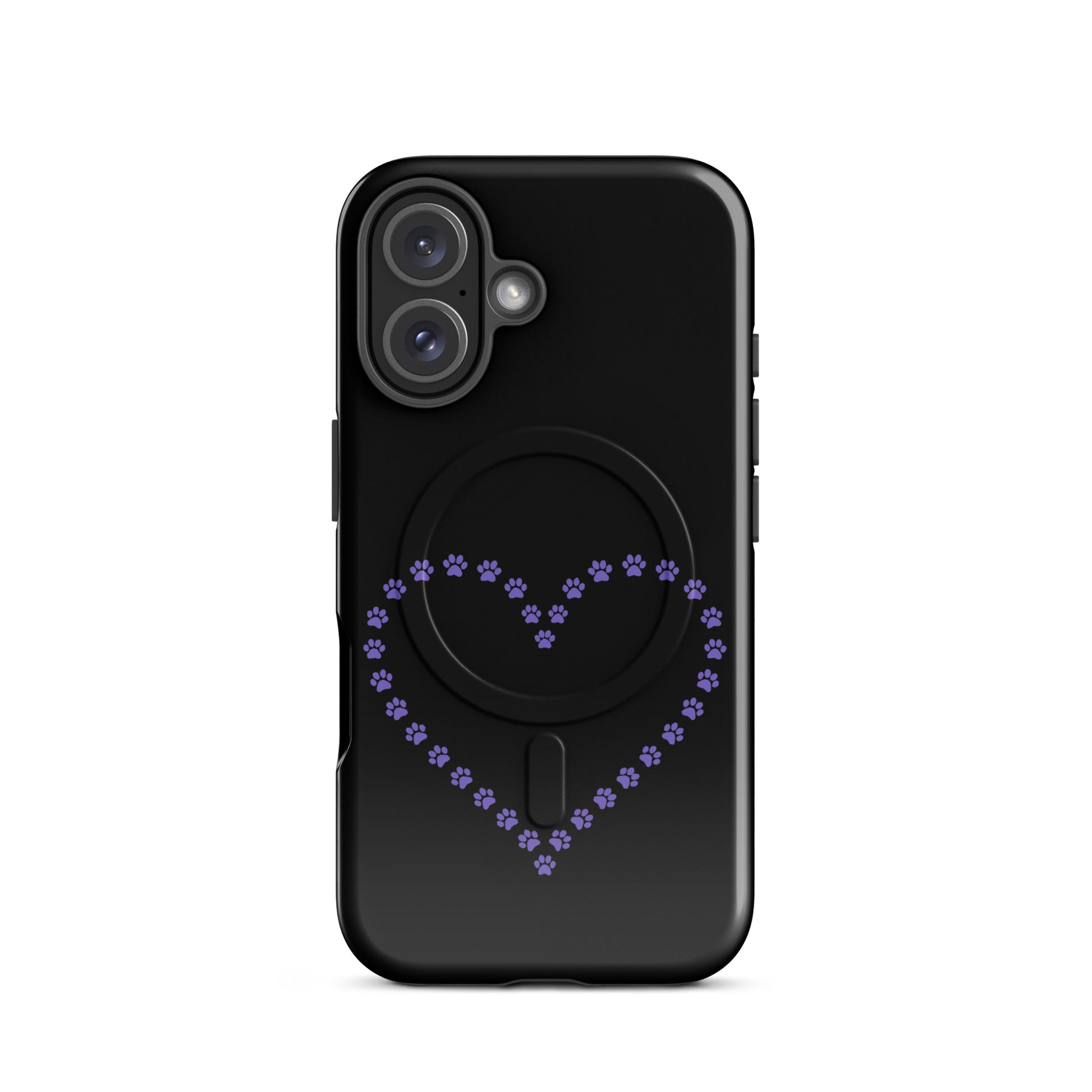 Magnetic Phone Case for iPhone with purple paw print heart design, perfect for pet lovers. Black case offers protection and style.