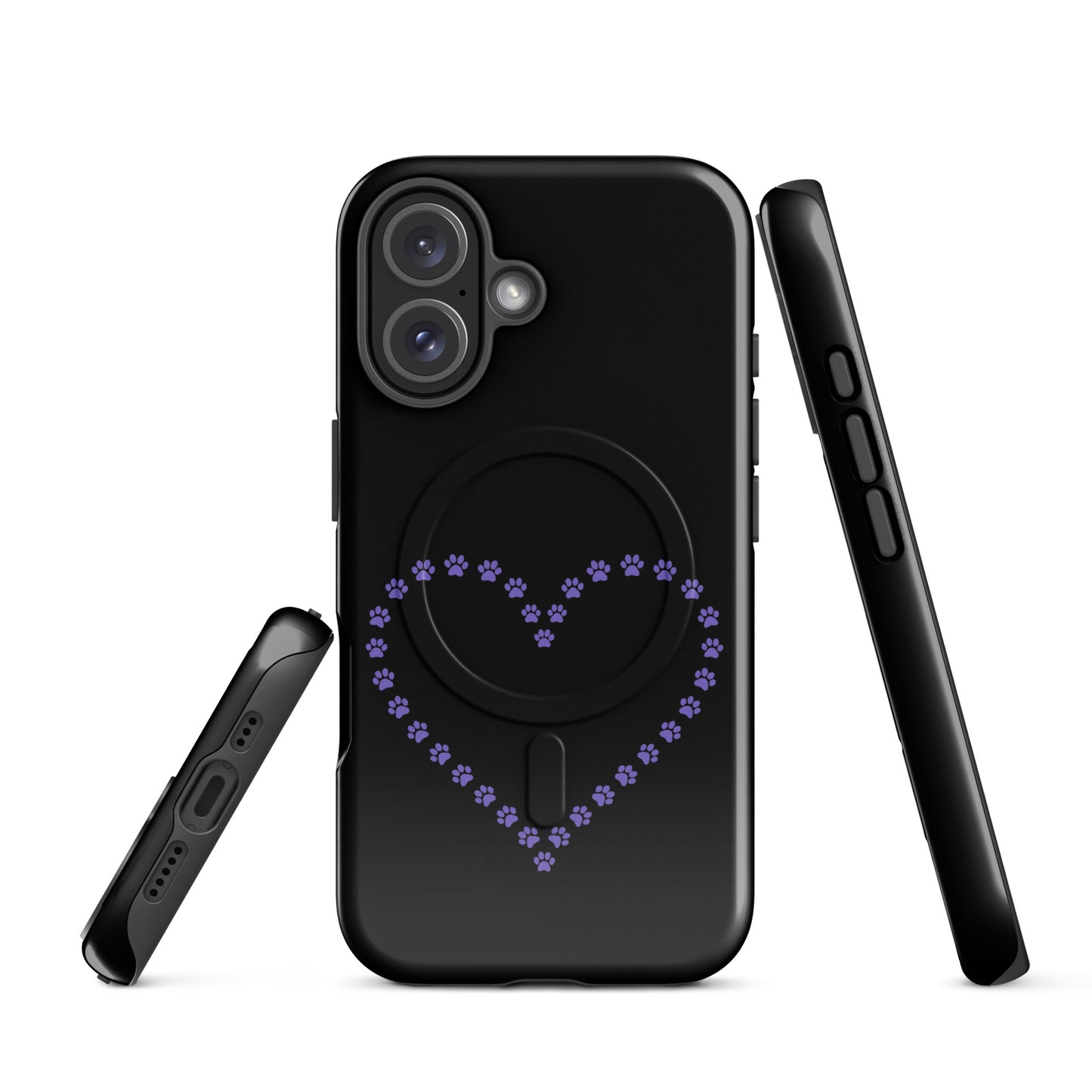 Magnetic Phone Case with heart paw print design, black and purple, for pet lovers, iPhone protection accessory.