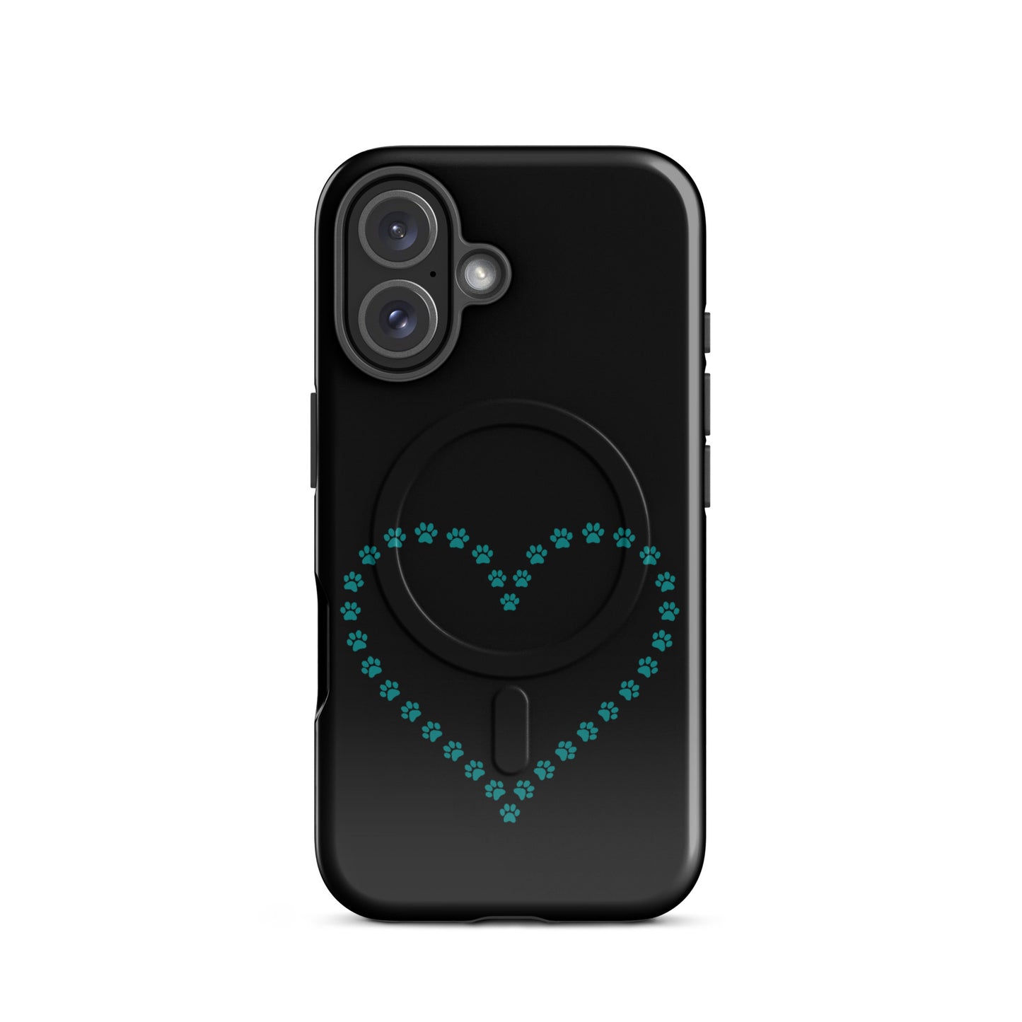 Magnetic Phone Case for iPhone with paw print heart design in black and teal, perfect for pet lovers seeking protection and style.