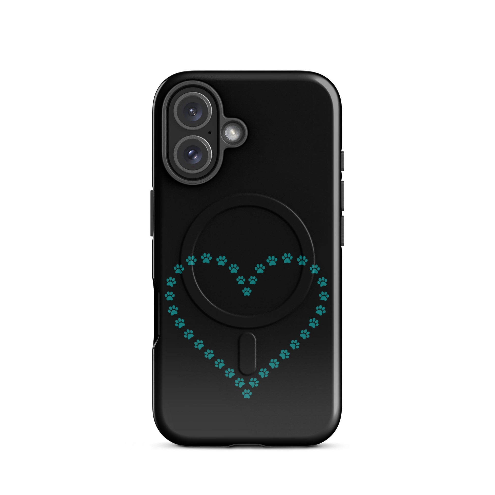 Magnetic Phone Case for iPhone with paw print heart design in black and teal, perfect for pet lovers seeking protection and style.