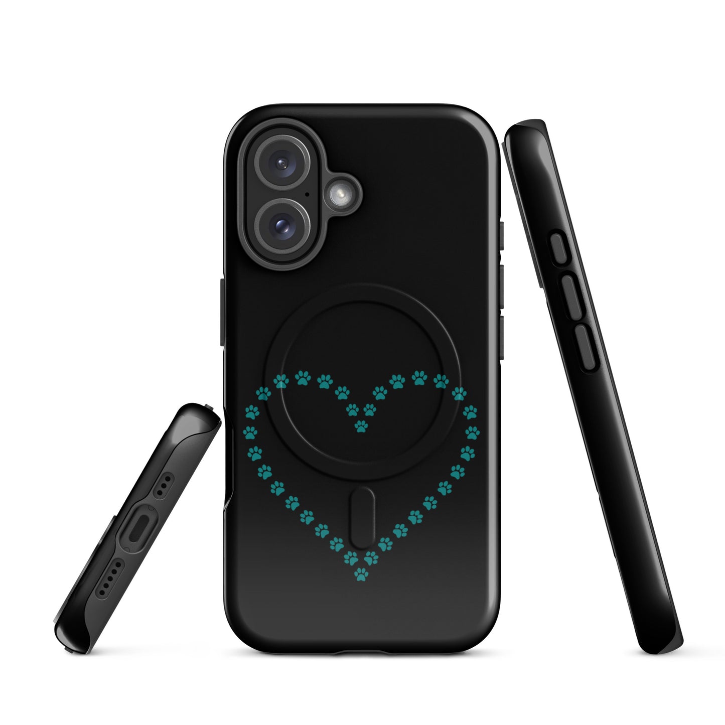 Magnetic Phone Case with black base and teal paw print heart design for pet lovers, compatible with iPhone.