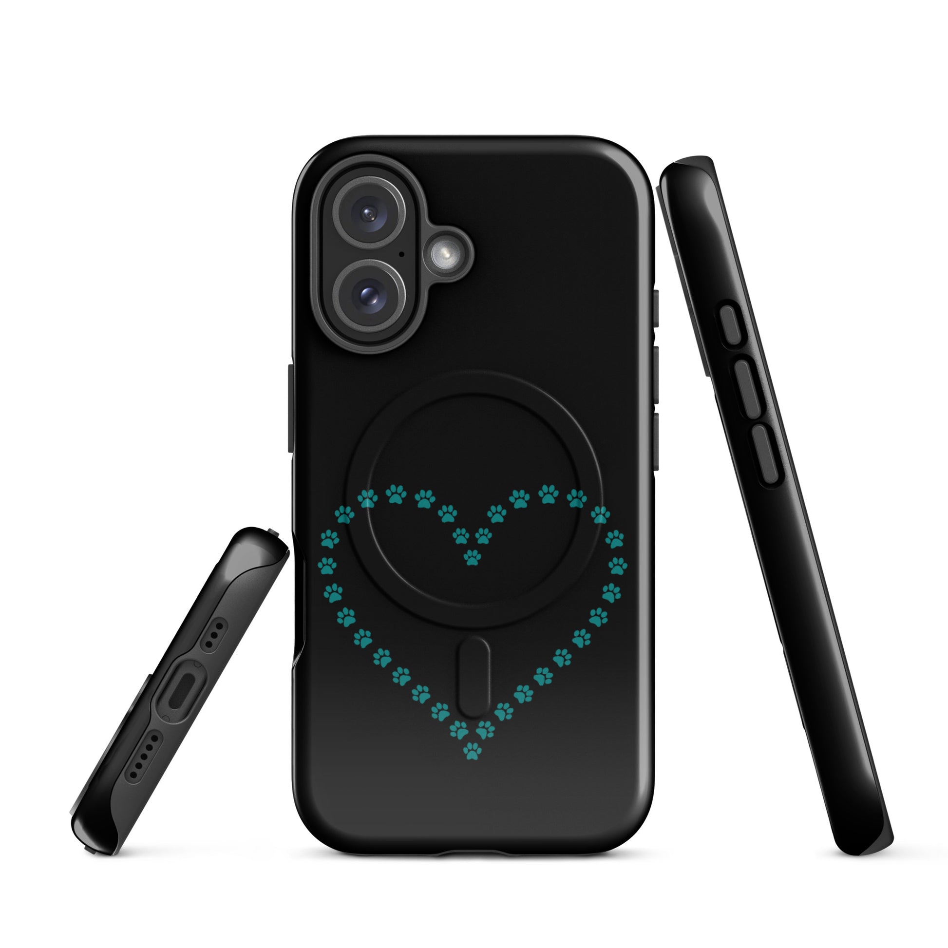 Magnetic Phone Case with black base and teal paw print heart design for pet lovers, compatible with iPhone.