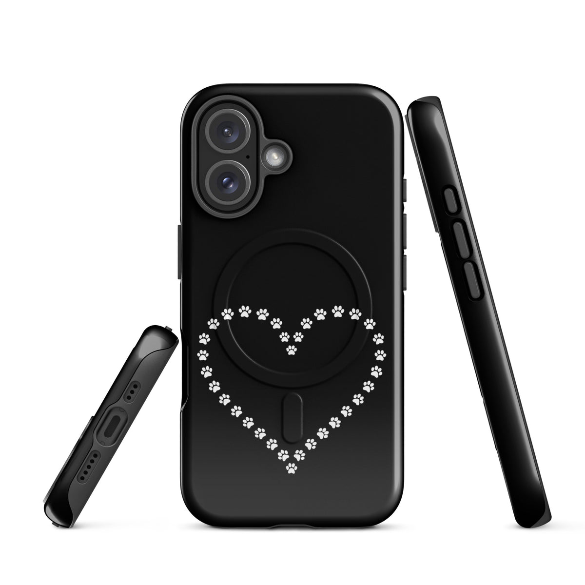 Magnetic Phone Case for iPhone with paw print heart design, perfect for pet lovers. Black and white case offering charm and protection.