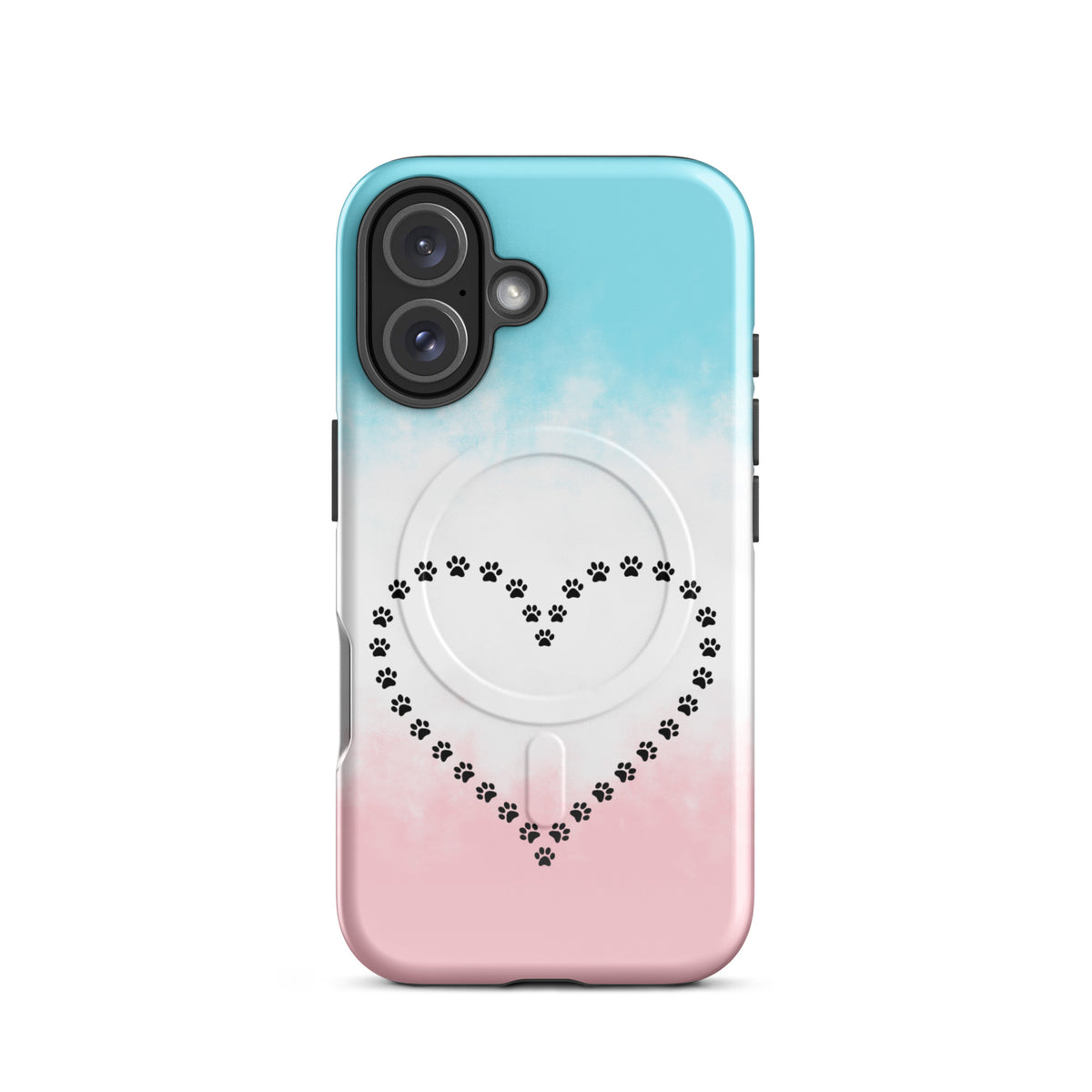 Magnetic Phone Case for iPhone with paw print heart design in blue, white, and pink for pet lovers.