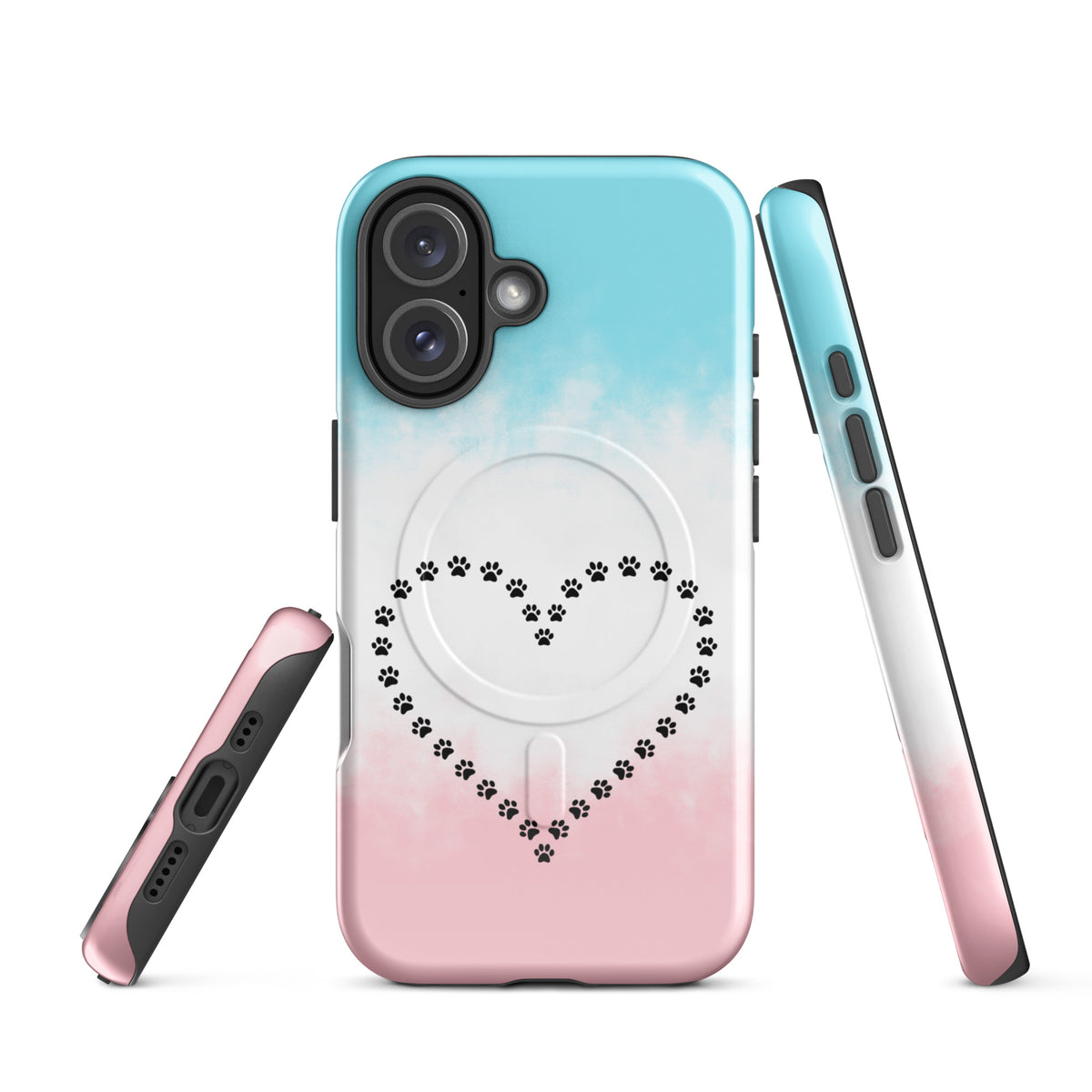 Magnetic Phone Case with paw print heart design for iPhone, ideal for pet lovers, in blue, white, and pink.