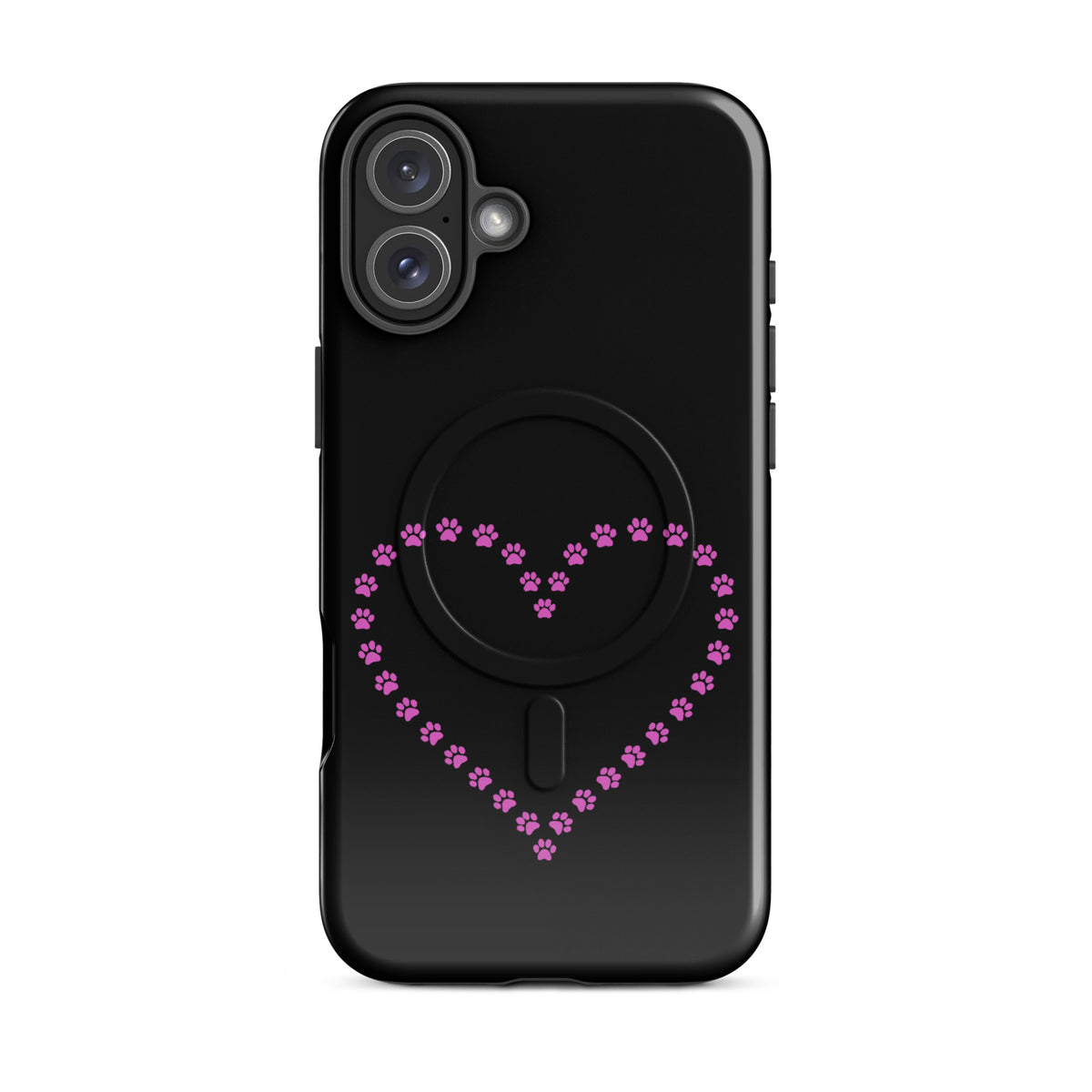 Magnetic Phone Case for iPhone with black and pink paw print heart design, perfect for pet lovers.