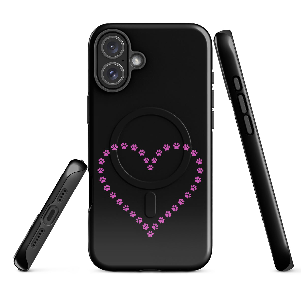 Magnetic Phone Case for iPhone with paw print heart design in black and pink, ideal for pet lovers and animal enthusiasts.