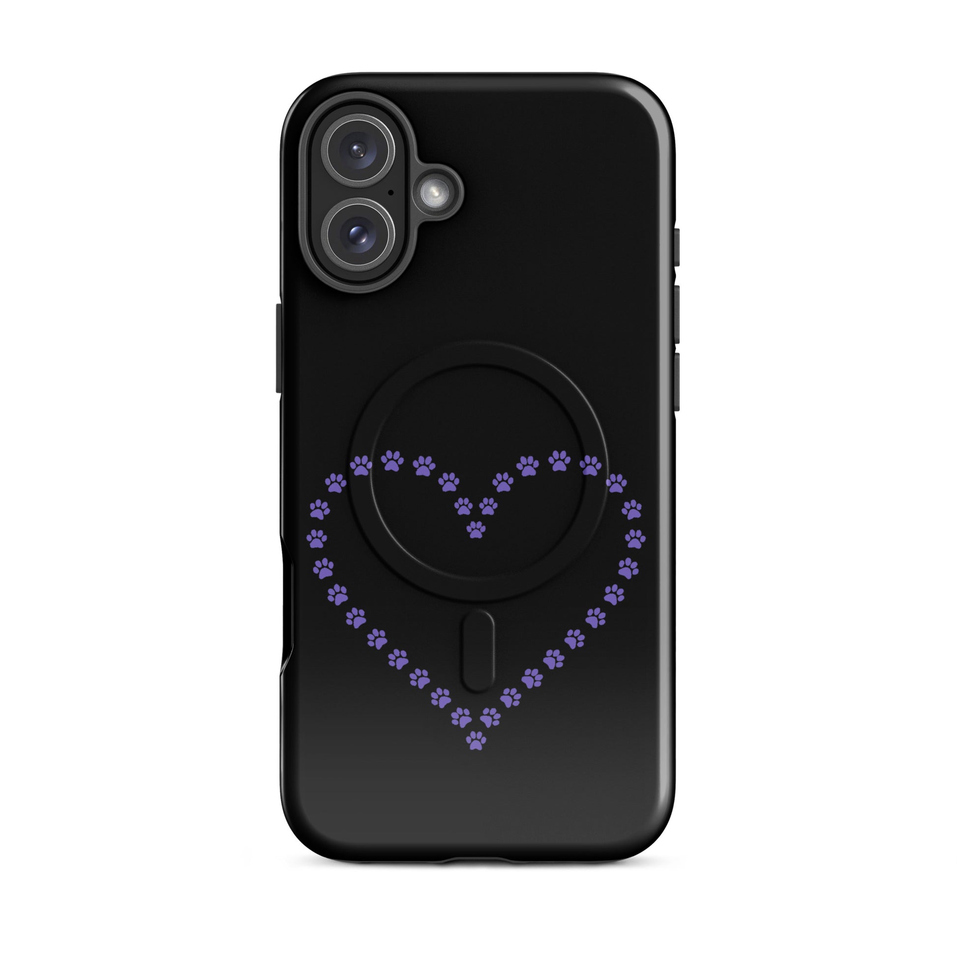 Magnetic Phone Case for iPhone with black and purple paw print heart design, ideal for pet lovers seeking playful charm and protection.
