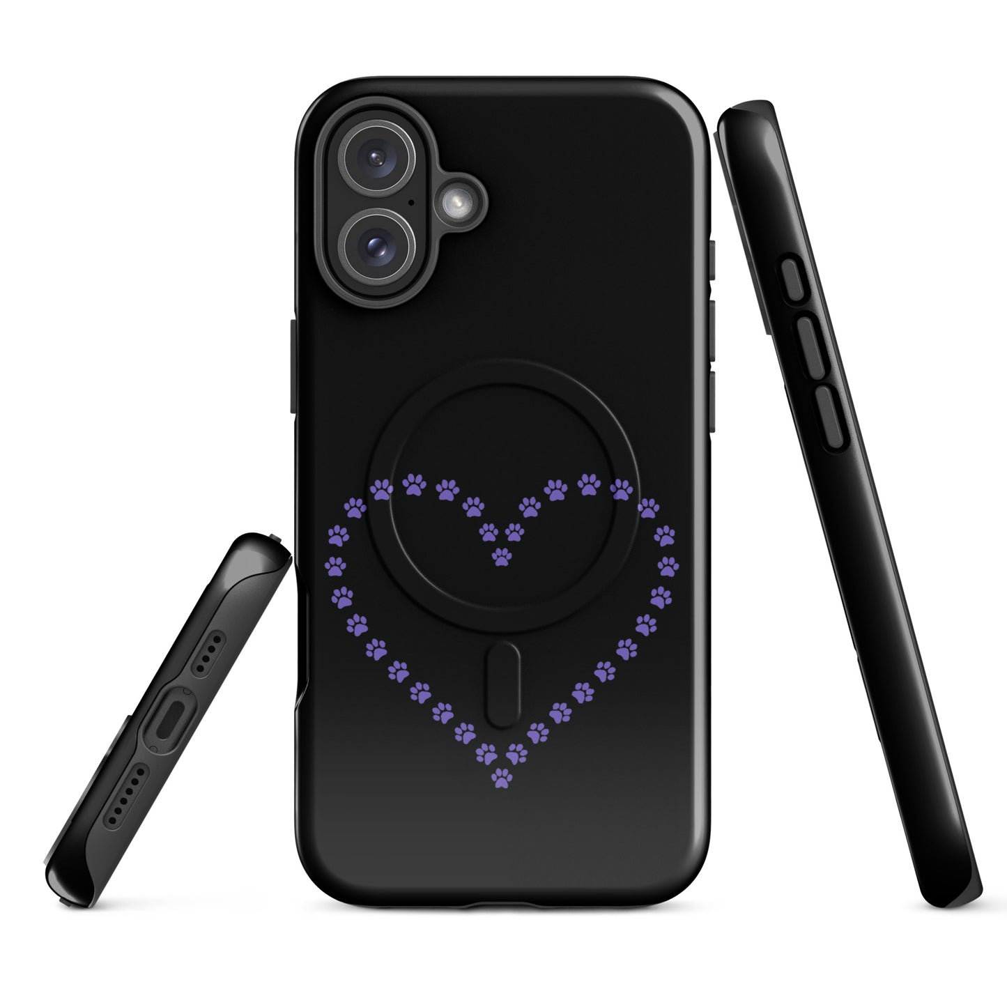 Magnetic Phone Case for iPhone with paw print heart design in black and purple, ideal for pet lovers, combining style and protection.