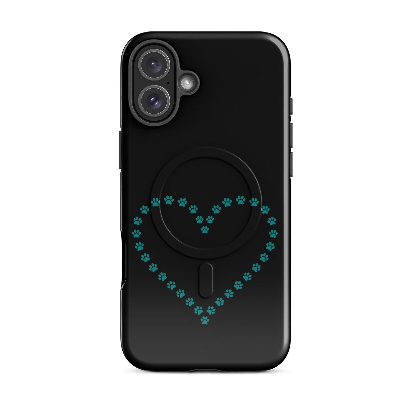 Magnetic Phone Case for iPhone with black and teal paw print heart design, ideal for pet lovers seeking protection and style.