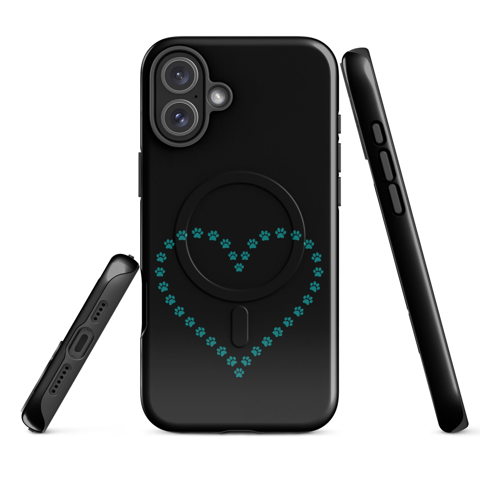 Magnetic Phone Case for iPhone with teal paw print heart design, perfect for pet lovers. Black case for cat and dog enthusiasts.