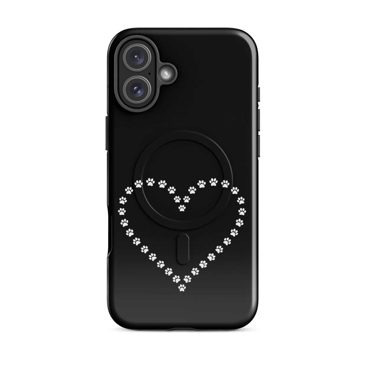 Magnetic Phone Case with paw print heart design for iPhone, perfect for pet lovers, in black and white.