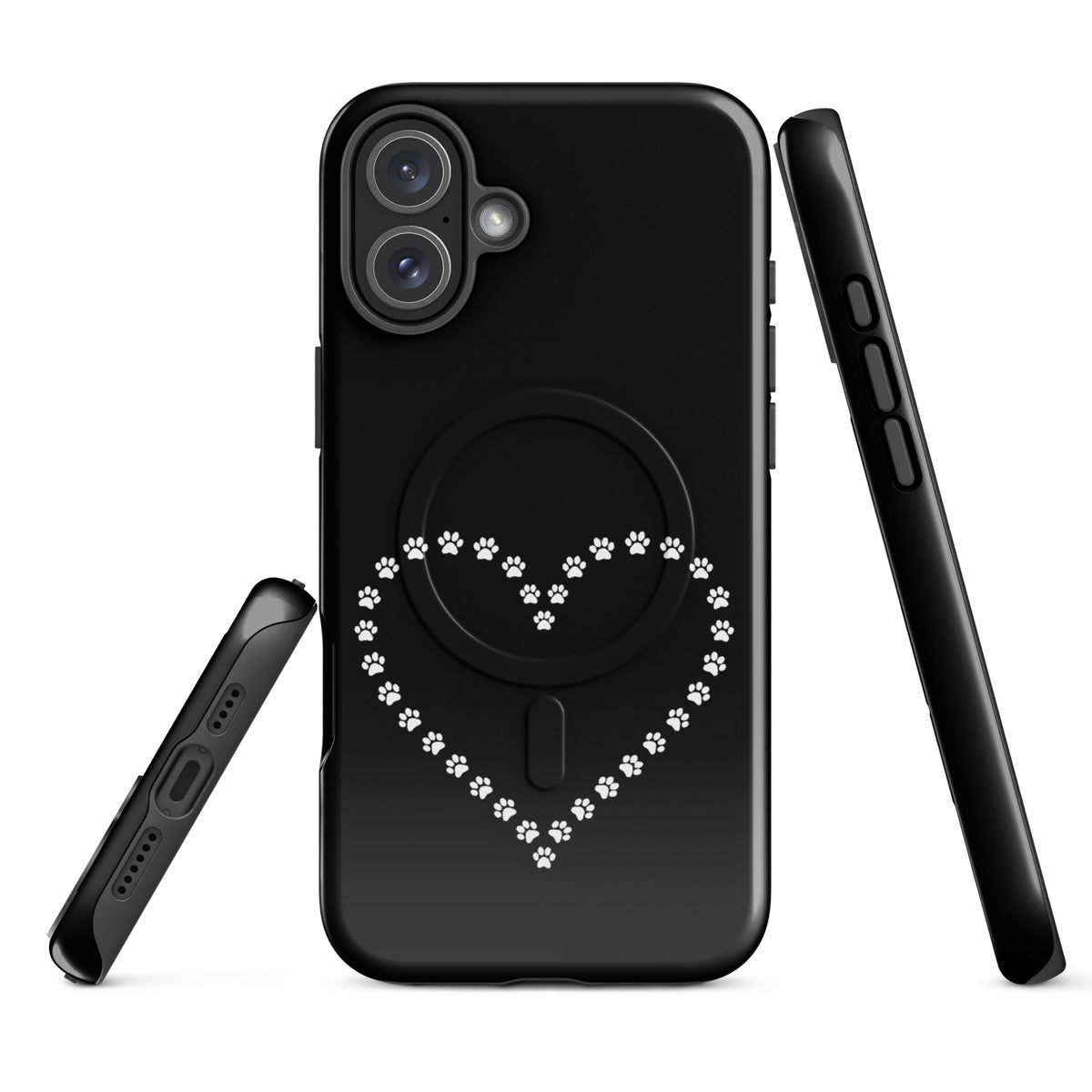 Black and white Magnetic Phone Case for iPhone featuring a heart design made of paw prints, perfect for pet lovers.