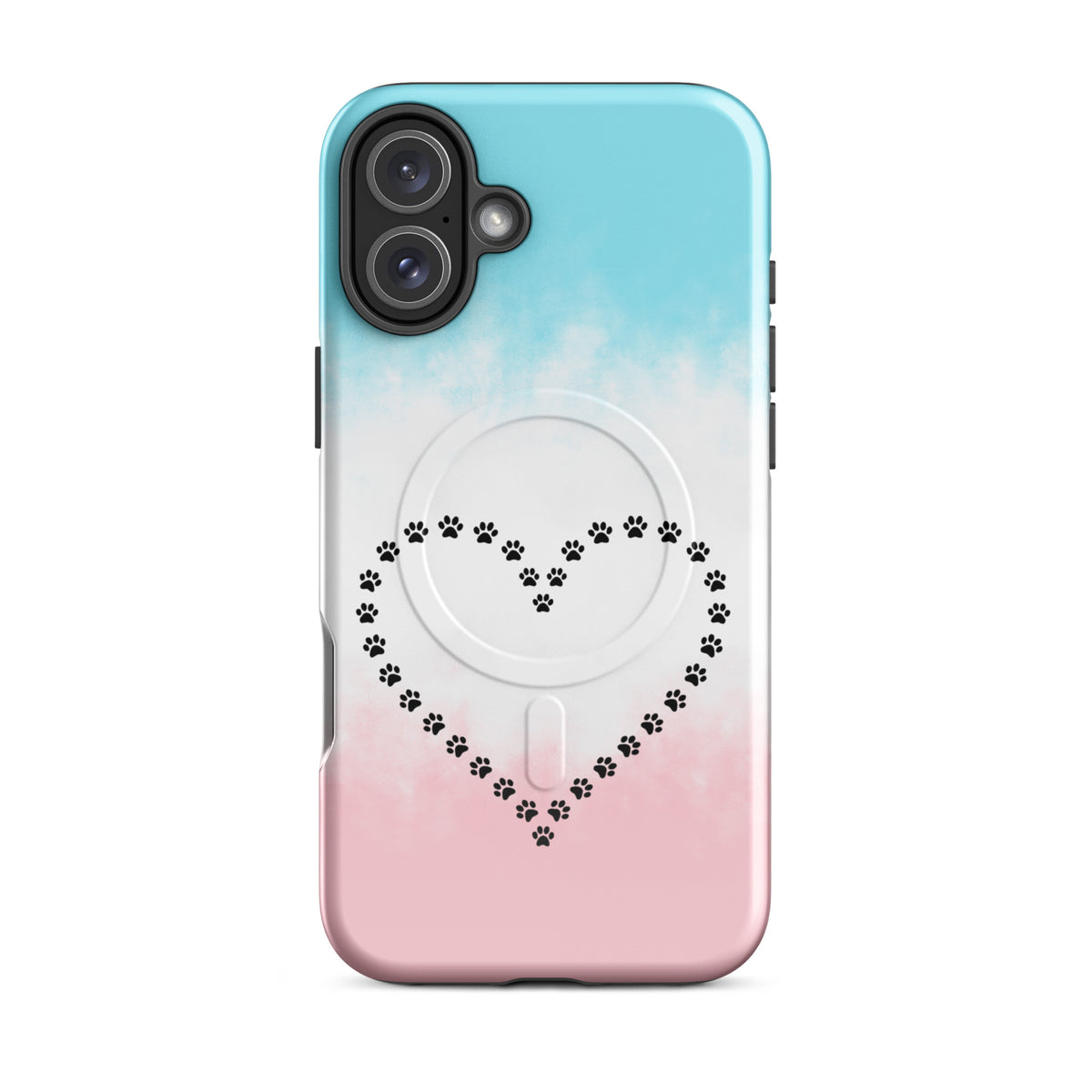 Magnetic Phone Case with paw print heart design for iPhone in blue, white, pink for pet lovers, featuring strong magnetic protection.