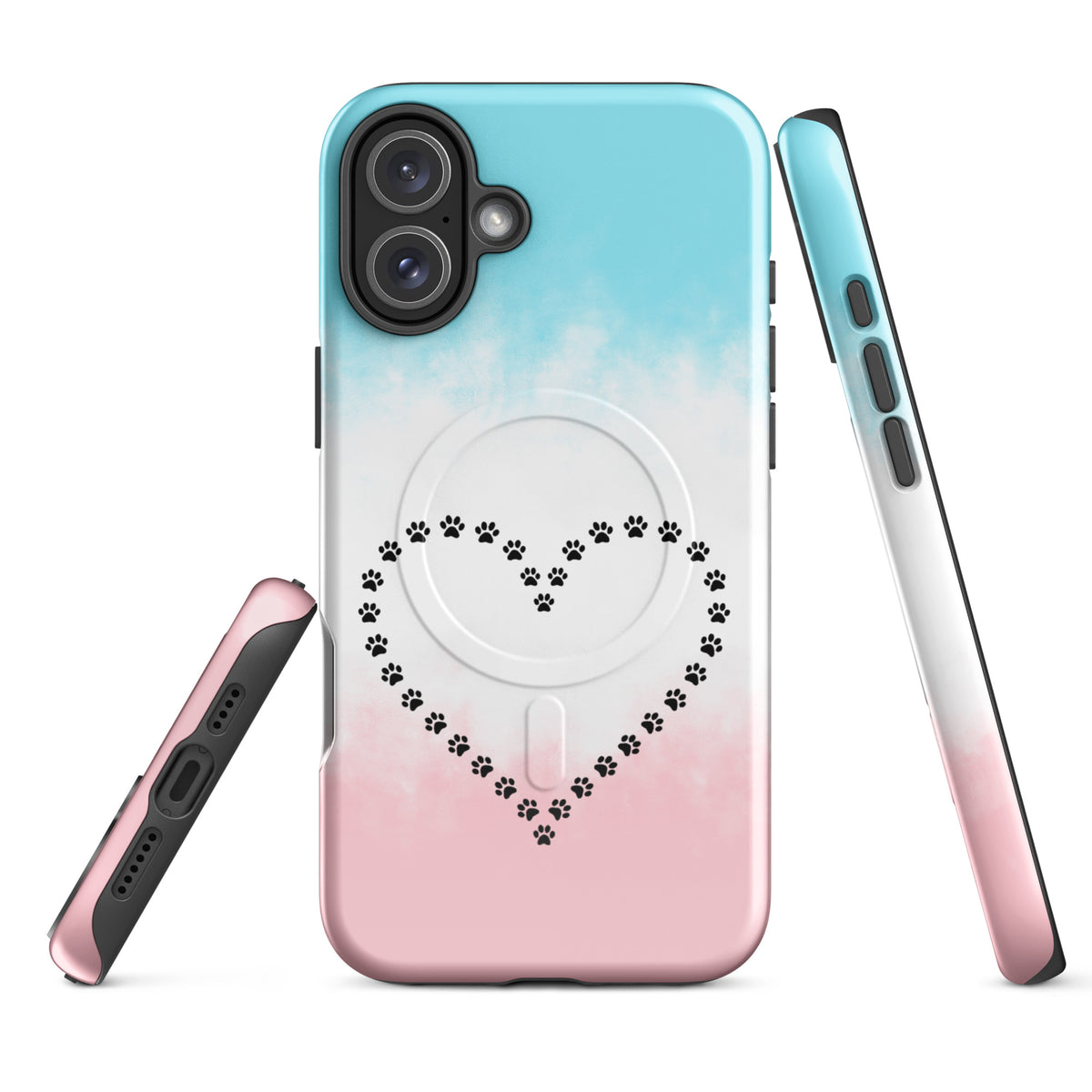 Magnetic Phone Case with paw print heart design in blue, white, pink for pet lovers. Fits iPhone. Ideal for cat, dog, and animal enthusiasts.